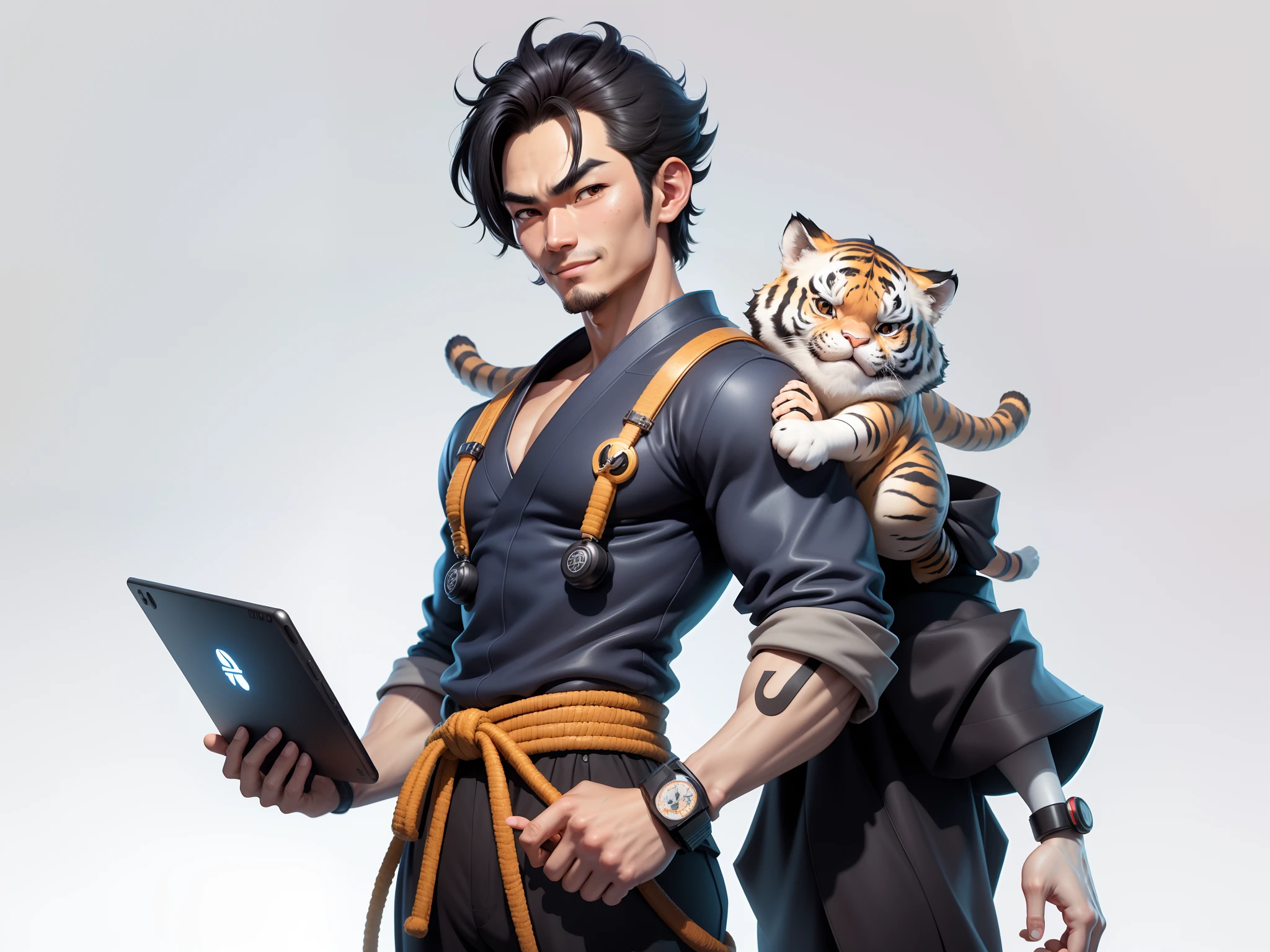 (Daisaku),(Need),(Super meticulous),(full bodyesbian:1.2),Super young man with Japanese geisha,Beautiful,orient,one tiger,Aeolian Thor,Raised sexy,爆乳,Oriental face,TV Anchor,Bust portrait illustration,In black suit,a blue tie,The face is slightly chubby,The face was clean,without a beard,Black super short hair,Black eyes,Smile confidently,3C computer sub-products,iPad, iphone,Digital painting,3D character design by Mark Clairen and Pixar and Hayao Miyazaki and Akira Toriyama,The illustration is a high-definition illustration in 4K resolution,With very detailed facial features and cartoon-style visuals。