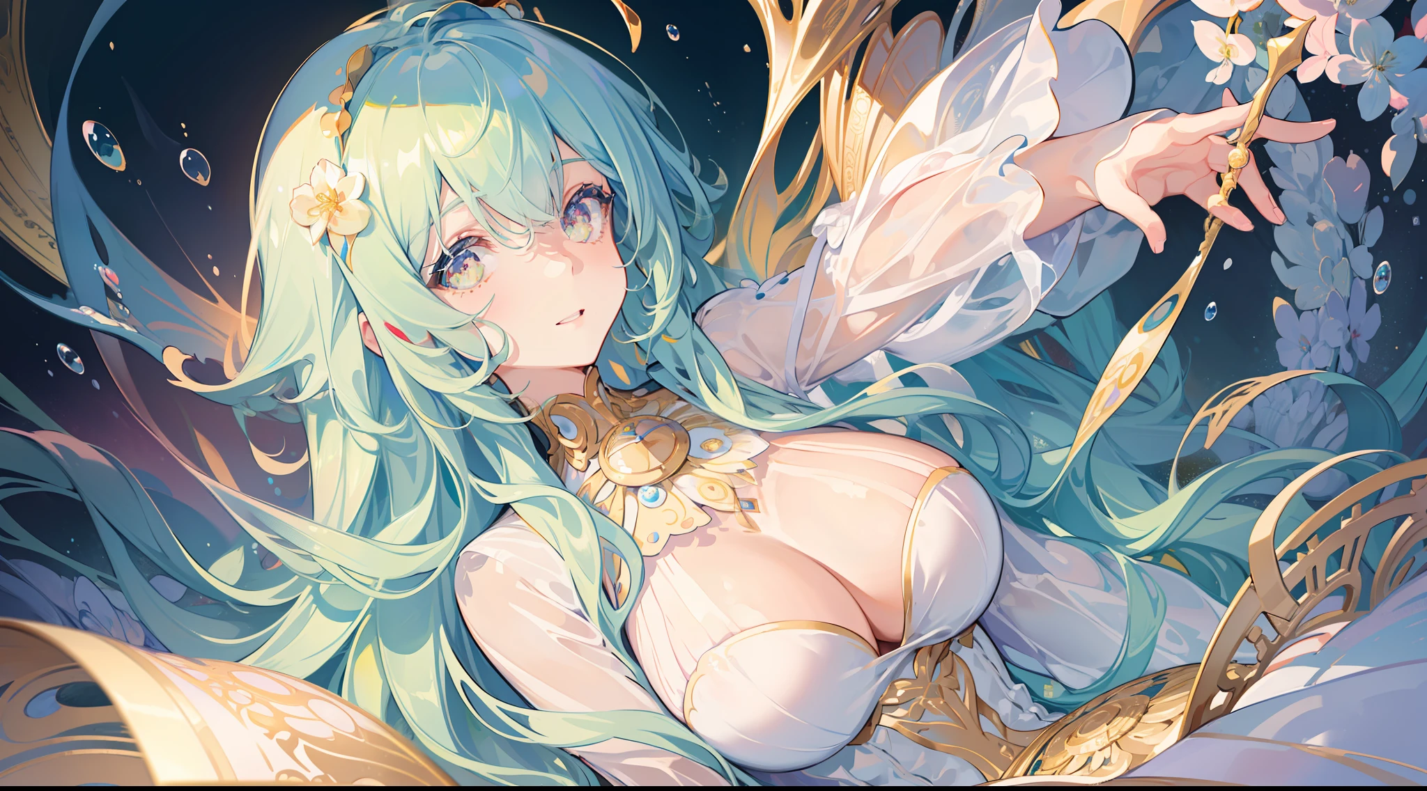 masterpiece, best quality, 8k resolution, sharp focus, intricate detail, beautiful girl, sparkling eyes, golden ratio face, otherworldly liquid, watercolor, muted colors, bright colors, whimsical, colorful, sharp focus, high resolution, fine detail, ((layered tiered puffy long sleeves ballgown)), ((round eyes)), iridescent bubbles, fantasia background
