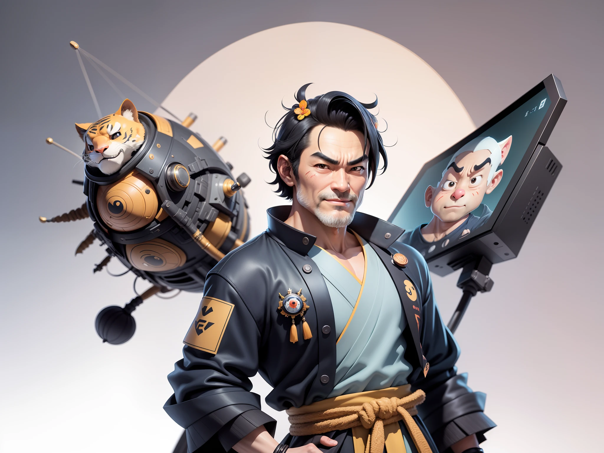 (Daisaku),(Need),(Super meticulous),(full bodyesbian:1.2),Super young man with Japanese geisha，Beautiful，orient，one tiger，Aeolian Thor，Raised sexy，爆乳，Oriental face，TV Anchor，Bust portrait illustration，In black suit，a blue tie，The face is slightly chubby，The face was clean，without a beard，Black super short hair，Black eyes，Smile confidently，3C computer sub-products，iPad， iphone，Digital painting，3D character design by Mark Clairen and Pixar and Hayao Miyazaki and Akira Toriyama，The illustration is a high-definition illustration in 4K resolution，With very detailed facial features and cartoon-style visuals。