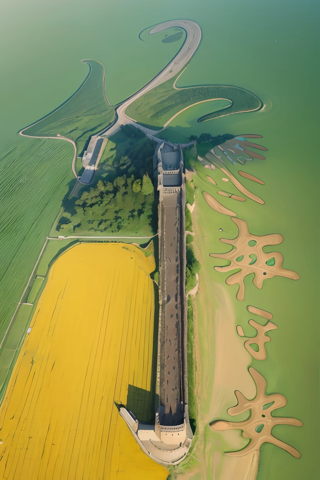Best quality, High saturation, High definition, Reasonable structure, Overlook from the air, Castle, the great wall,castle wall, Green field, Mountain, River, jetty,shores,Green trees, wheat field