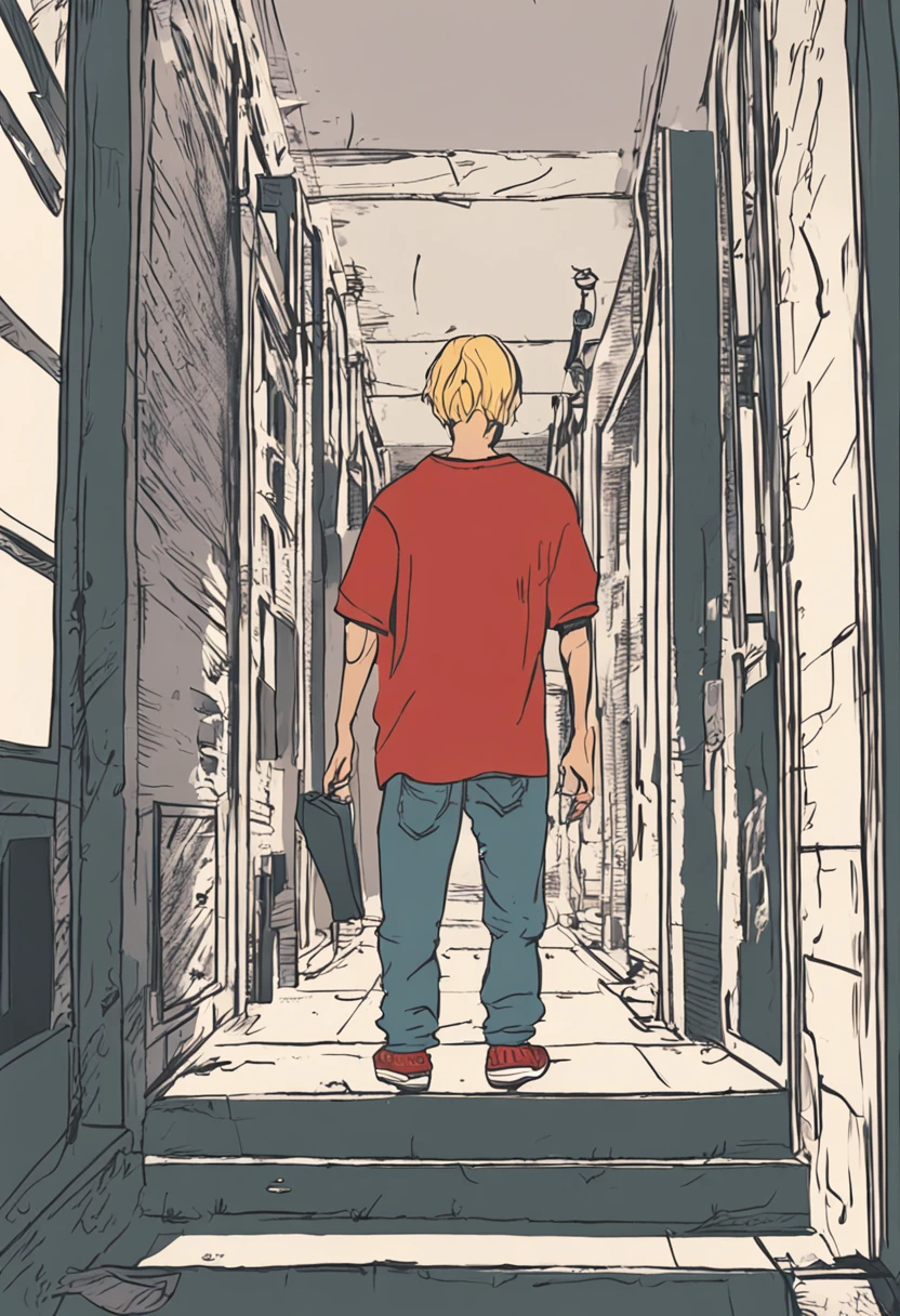 Male blonde college student wearing slippers,Shorts and regular T-shirts,Standing in the corner of the school gate, His hair is messy,Tear stains on the face,Red, Swollen eyes,He covered his face with his hands,From time to time there was a whimpering sound,His entire gesture exudes deep sadness and loss