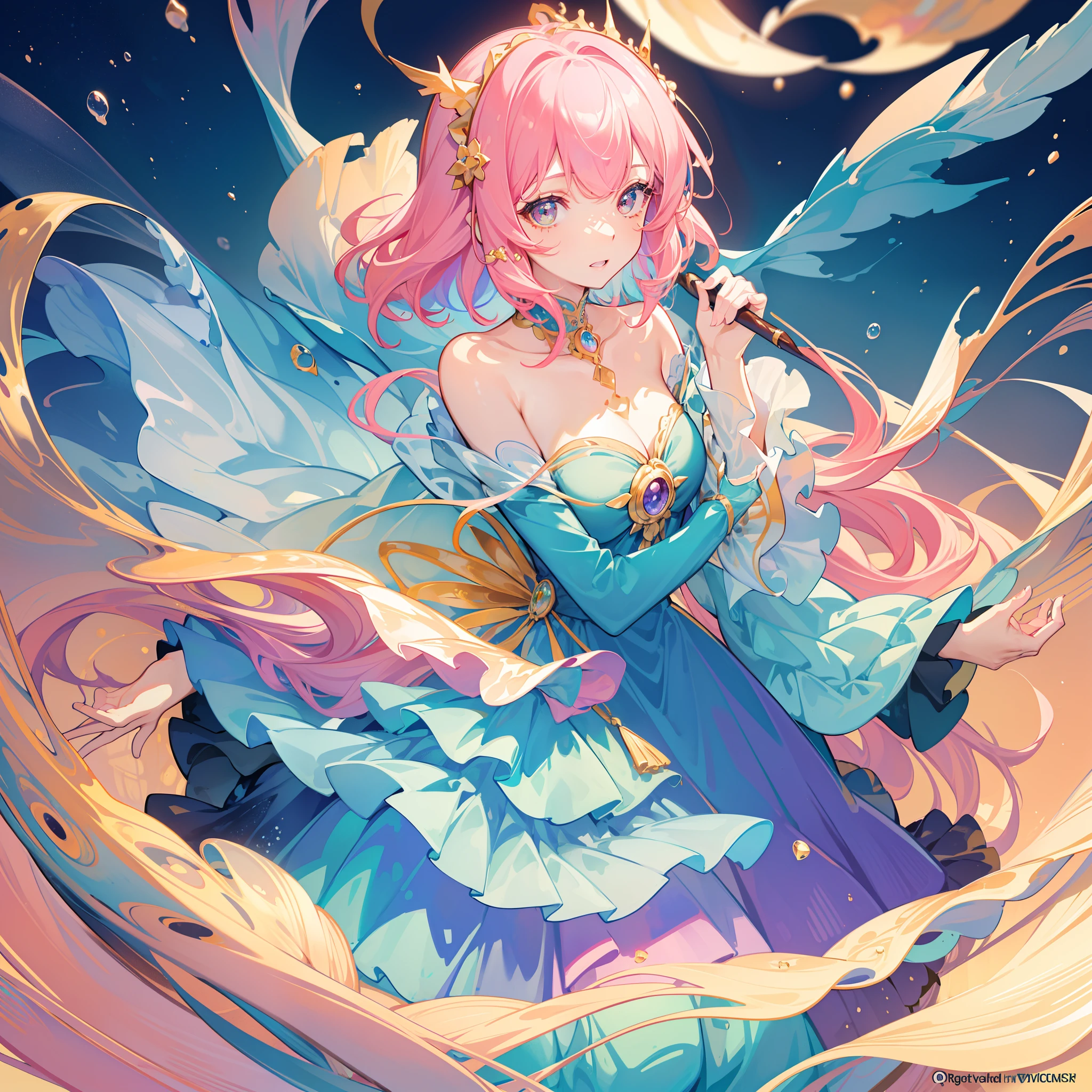 masterpiece, best quality, 8k resolution, sharp focus, intricate detail, beautiful girl, sparkling eyes, golden ratio face, otherworldly liquid, watercolor, sunset colors, bright colors, whimsical, colorful, sharp focus, high resolution, fine detail, ((layered tiered puffy long sleeves ballgown)), ((round eyes)), iridescent bubbles, fantasia background
