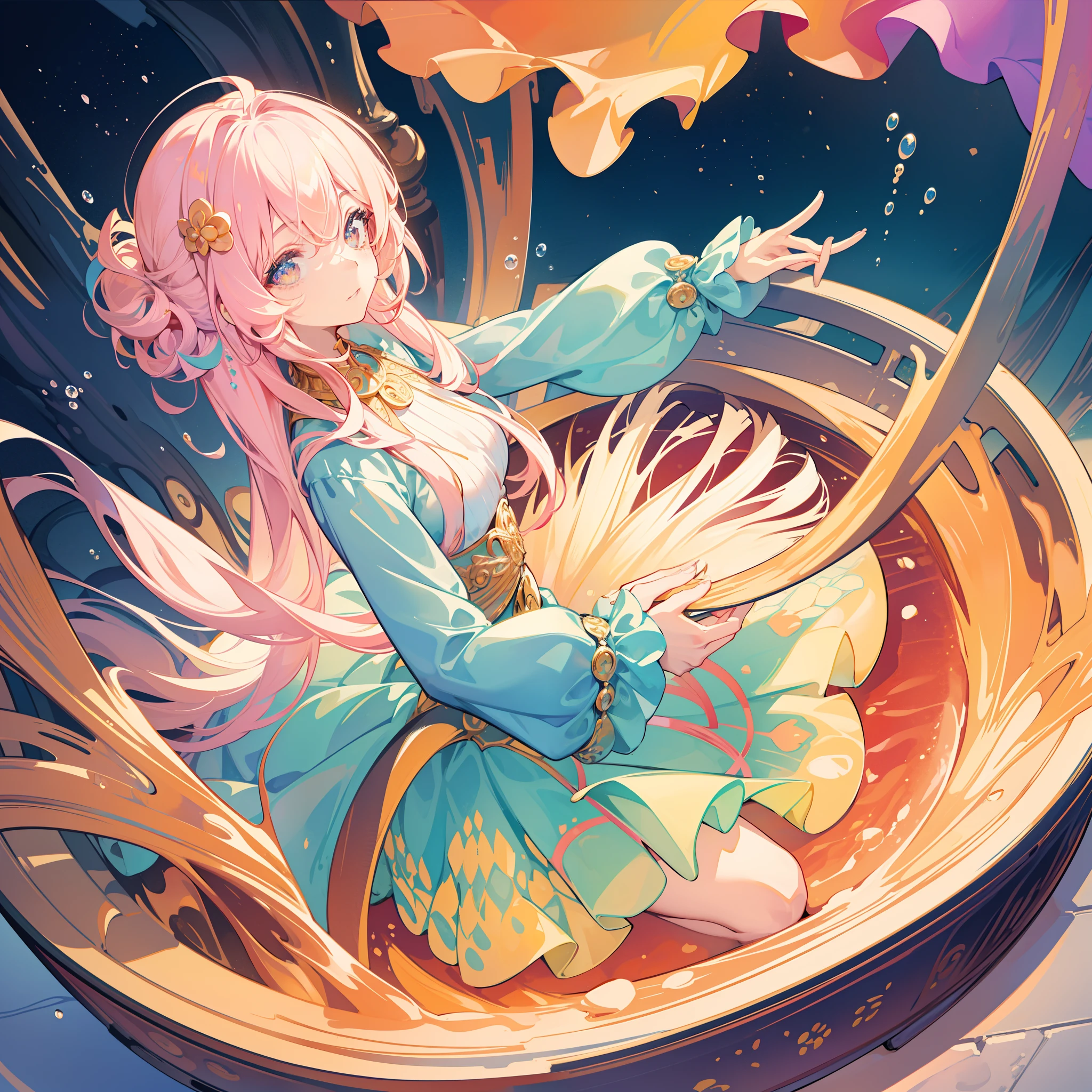 masterpiece, best quality, 8k resolution, sharp focus, intricate detail, beautiful girl, sparkling eyes, golden ratio face, otherworldly liquid, watercolor, sunset colors, bright colors, whimsical, colorful, sharp focus, high resolution, fine detail, ((layered tiered puffy long sleeves ballgown)), ((round eyes)), iridescent bubbles, fantasia background