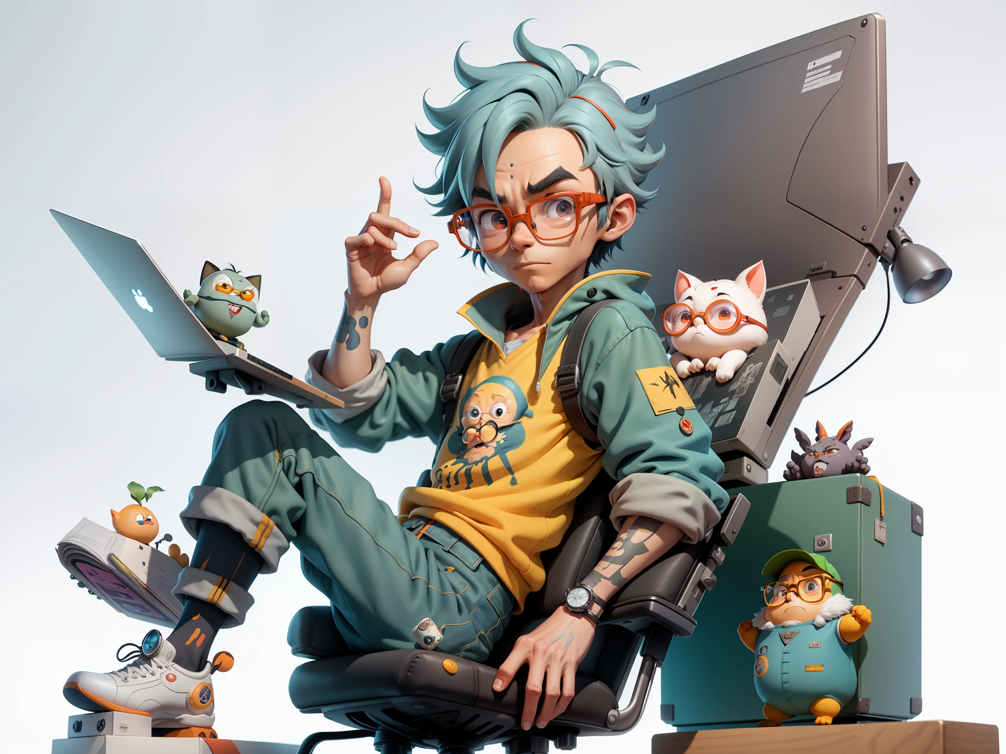 A young man with glasses sits at his desk,holding laptop,digitial painting,3D character design by Mark Clairen and Pixar and Hayao Miyazaki and Akira Toriyama,4K HD illustration,Very detailed facial features and cartoon-style visuals。
