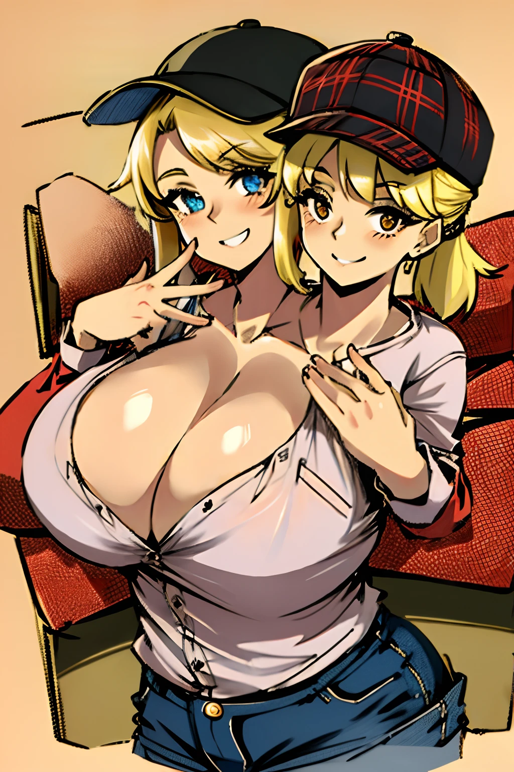 2heads, a short fat woman with 2 heads. She has enormous breasts. She is wearing a red plaid flannel shirt and jeans. She is wearing a trucker's hat. She is in a big truck. She has blonde hair in a ponytail. She has gigantic breasts. She is blushing. She is smiling wide. She has extremely fat breasts.