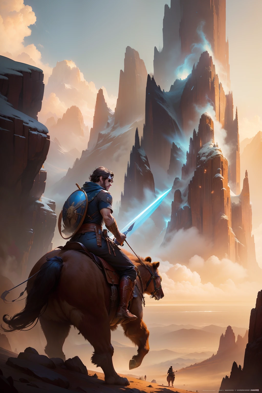 Araff riding a bear with a sword in a mountain landscape, wojtek fus, Beep and Tim Hildebrandt, inspired by the Hildebrandt brothers, Concept art | rhads, inspired by the Hildebrandt brothers, inspired by Tim and Greg Hildebrandt, Johannes Helgeson, beeple and greg rutkowski, 8k fantasy art, epic rpg artwork