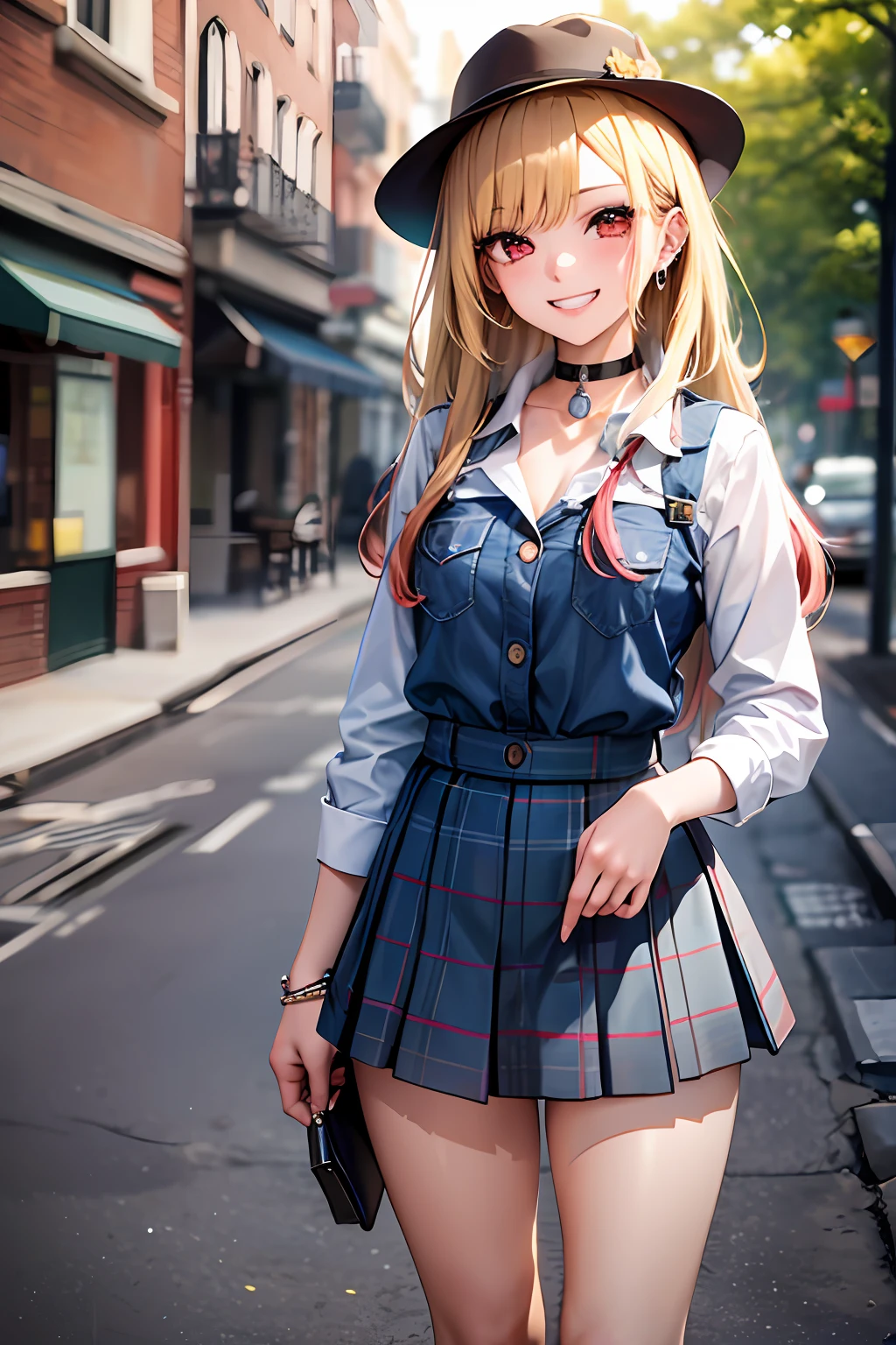 masterpiece, best quality, highres, kitagawa marin, 1girl, blonde hair, long hair, multicolored hair, red eyes, jewelry, earrings, piercing, Top,jeanes, black choker, plaid skirt, grin, smile, standing, cowboy shot, outdoors,