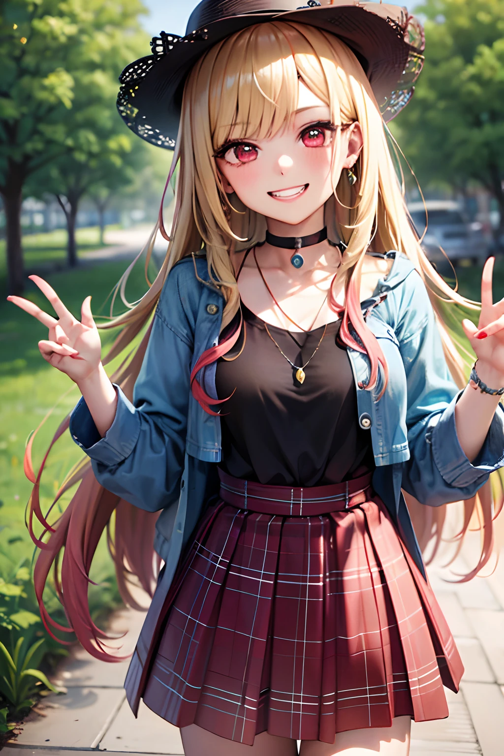 masterpiece, best quality, highres, kitagawa marin, 1girl, blonde hair, long hair, multicolored hair, red eyes, jewelry, earrings, piercing, Top,jeanes, black choker, plaid skirt, grin, smile, standing, cowboy shot, outdoors,