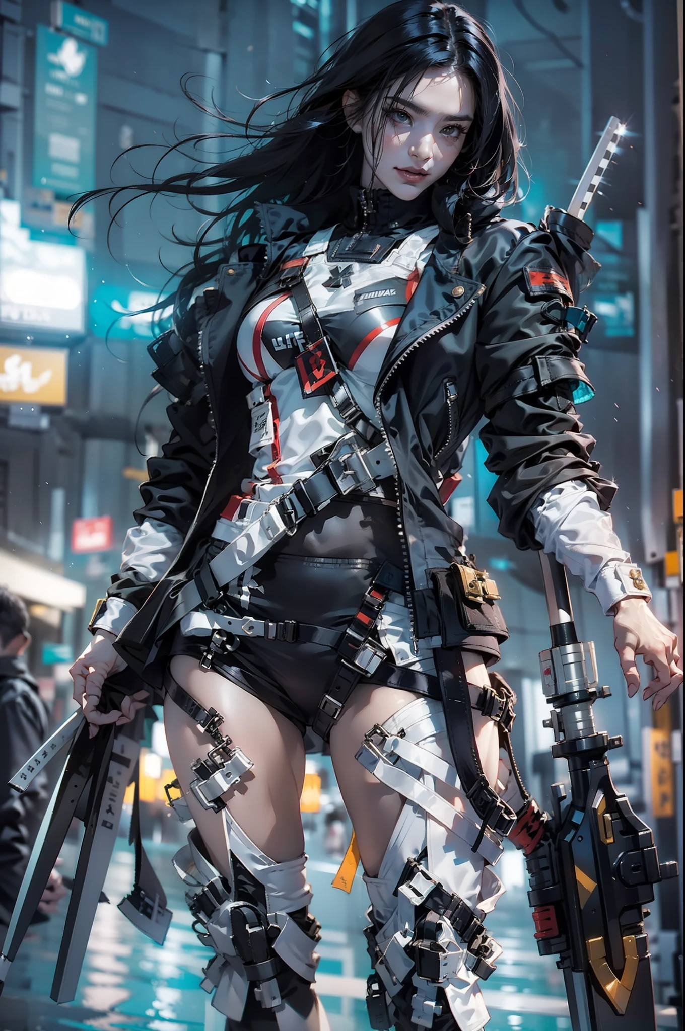 photorealism, urbansamurai_v0.3, style woman in white and black outfit holding a sword, wearing techwear and armor, photograph of a techwear woman, very beautiful cyberpunk samurai, cyberpunk style outfit, cyberpunk outfit, mystical post apocalyptic cyborg, female cyberpunk anime girl, cyberpunk fashion clothing, cyberpunk fashion clothes, cyberpunk nun warrior, cyberpunk clothes, cyberpunk techwear, cyberpunk assassin, cyberpunk outfits, (photorealistic:1.2), official art, unity 8k wallpaper, ultra detailed, beautiful and aesthetic, masterpiece, best quality, (dynamic angle:1.4), glowing skin, skin details, the most beautiful form of chaos, a brutalist designed, vivid colors, dark theme, depth of field, world absurdly beautifully girl, intricate details of armor pattern, lovely cure beauty, devil smile, skull symbol on shoulder armor, big sword, saint cross necklace, dynamic pose:1.2, medusa (rider) (fate) , kamen rider belt case , a masterpiece,the best quality, High Quality, futurism:1.1), movie lights, (Exquisite future), Beautiful and beautiful,Ultra detailed Great composition,floating,(Very detailed CG,Unity 8k壁纸), (Beautiful detail background),Beautiful hair details,dramatic lights,GOGETTA,Bestquality,ultrahighres,photorealistic