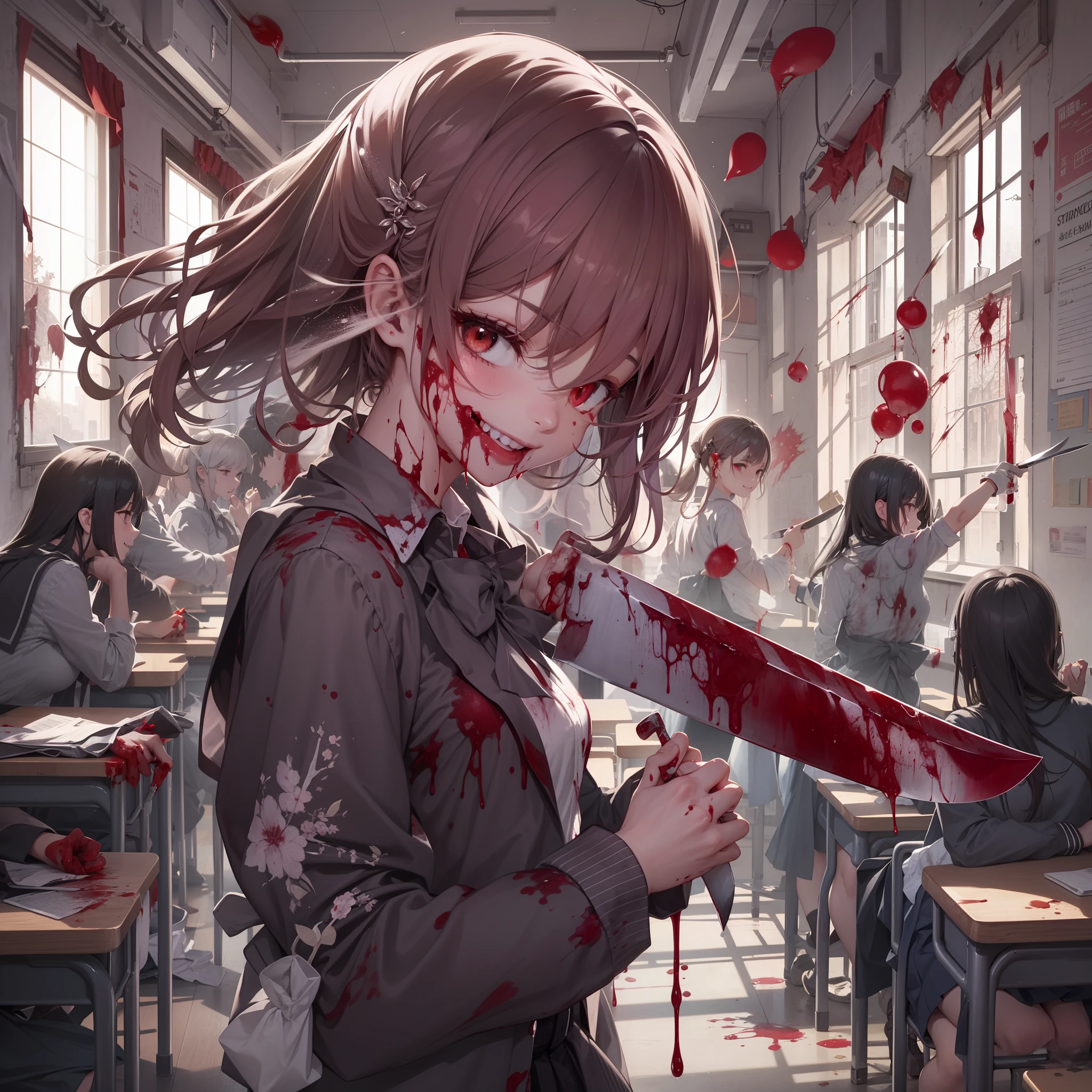 Unpleasant smile of a girl who loves knives in a school classroom、Niccoli holding a knife in one hand、Psychopath horror、Bloody、Blood droplets、Dynamic movement