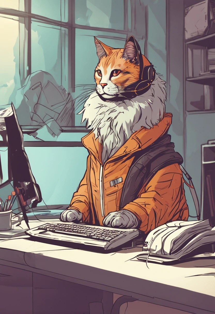 um gato com roupa de cientista estudando no computador, futuristica, 4k