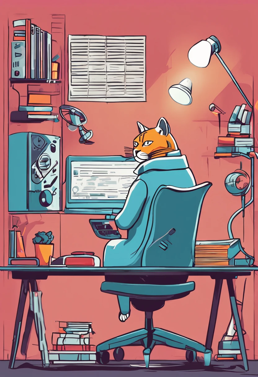 um gato com roupa de cientista estudando no computador, futuristica, 4k