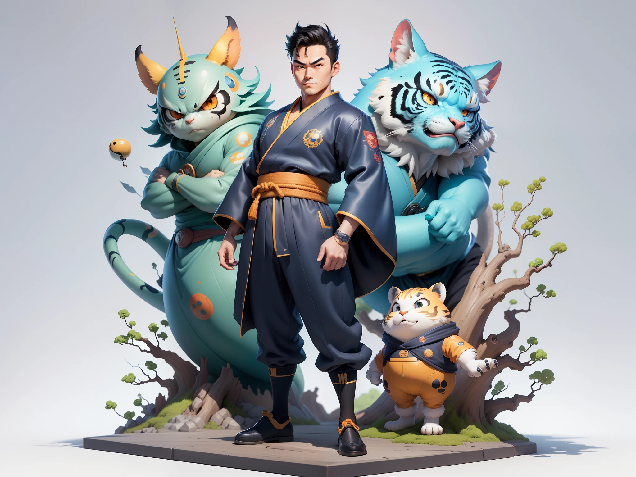 (Masterpiece), (Excellent), (Super Meticulous), (Full Body: 1.2), Super Young Man, Oriental Face, Japanese Kimono, Japanese Wind Thunder God, Dragon, Tiger, TV Anchor, Bust Portrait Illustration, Alone, Black Suit, Blue Tie, Slightly Chubby Face, Very Clean Face, No Beard, Black Super Short Hair, Black Eyes, Confident Smile, 3c Computer Sub-Products, iPad, iPhone, Digital Painting, 3D Character Design by Akira Toriyama and Mark Claireden and Pixar and Hayao Miyazaki, The illustration is a high-definition illustration in 4K resolution with very detailed facial features and cartoon-style visuals.