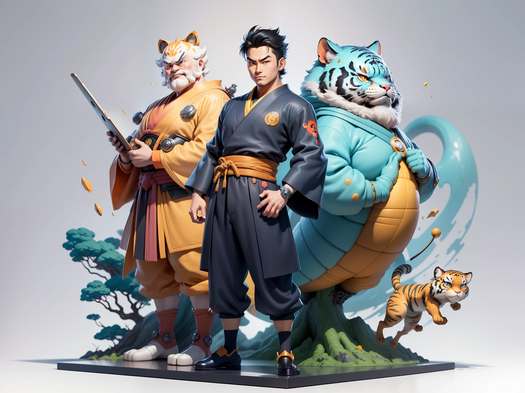 (Masterpiece), (Excellent), (Super Meticulous), (Full Body: 1.2), Super Young Man, Oriental Face, Japanese Kimono, Japanese Wind Thunder God, Dragon, Tiger, TV Anchor, Bust Portrait Illustration, Alone, Black Suit, Blue Tie, Slightly Chubby Face, Very Clean Face, No Beard, Black Super Short Hair, Black Eyes, Confident Smile, 3c Computer Sub-Products, iPad, iPhone, Digital Painting, 3D Character Design by Akira Toriyama and Mark Claireden and Pixar and Hayao Miyazaki, The illustration is a high-definition illustration in 4K resolution with very detailed facial features and cartoon-style visuals.