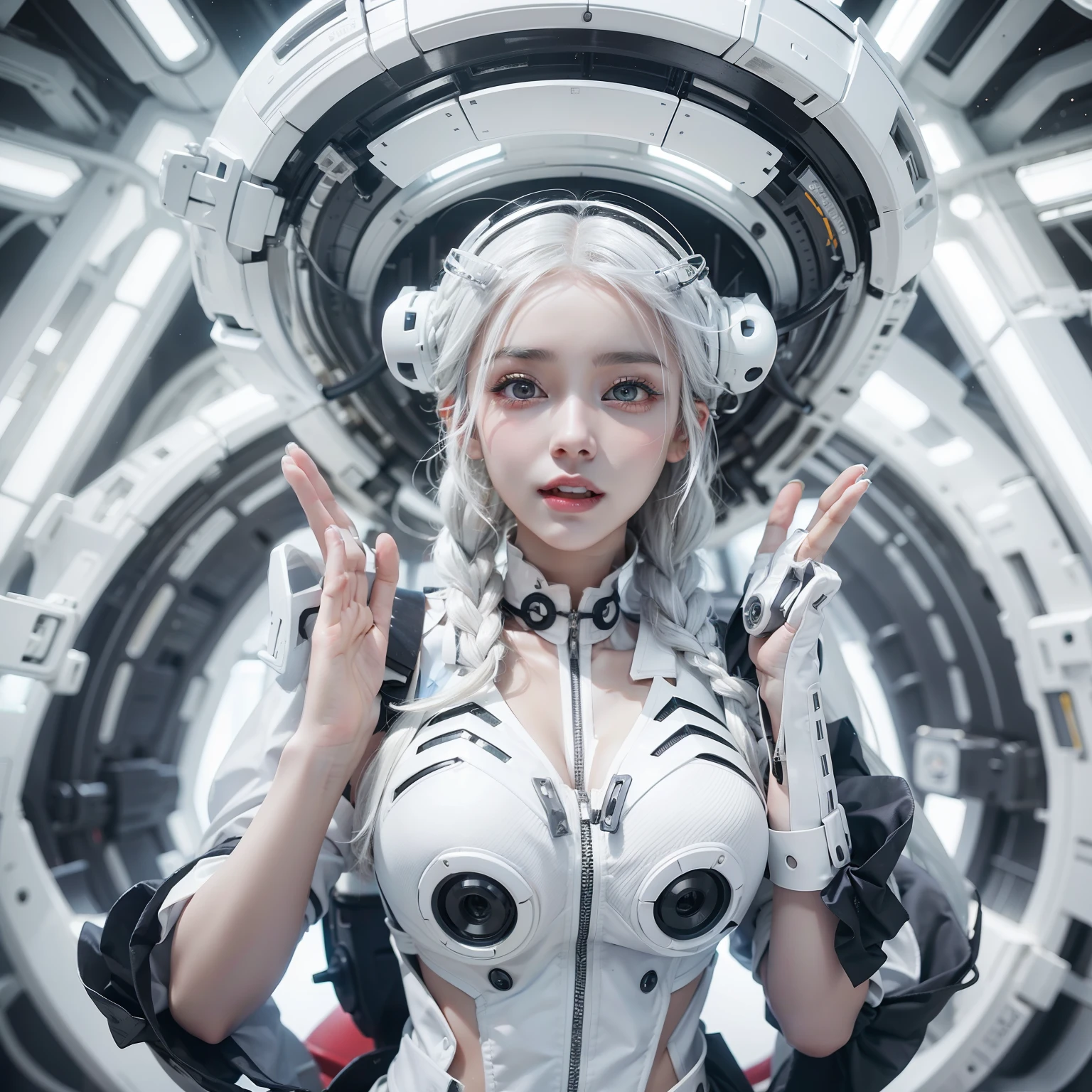 Seductive woman raising hands and shouting　Perfect beauty　beautidful eyes　Beautiful white skin　Look at viewers　Lustrous lips　Joyful smile　White hair in braids　is standing　Sensual Lolita costume with a futuristic body designed in black and white　Stimulating　Futuristic mechanical helmet　Inside the spacecraft