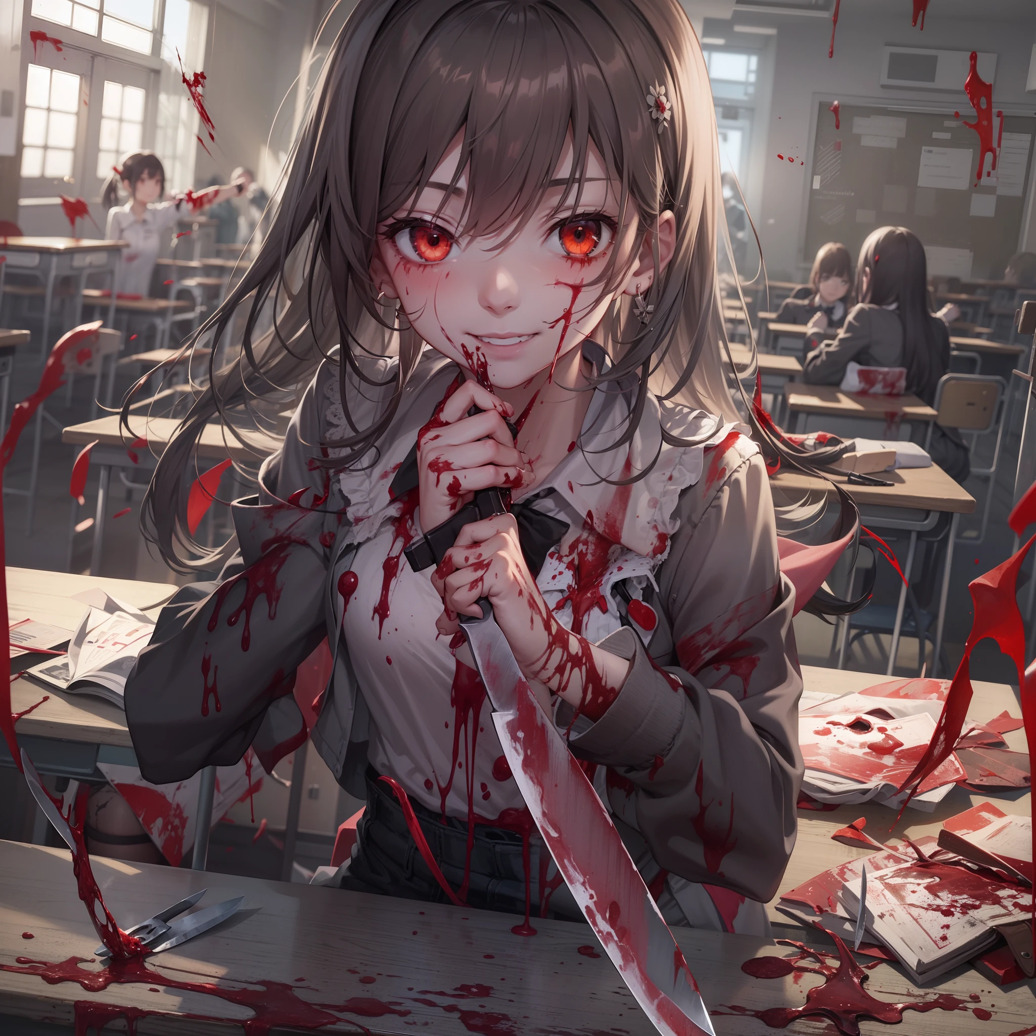Unpleasant smile of a girl who loves knives in a school classroom、Niccoli holding a knife in one hand、Psychopath horror、Bloody、Blood droplets、Dynamic movement