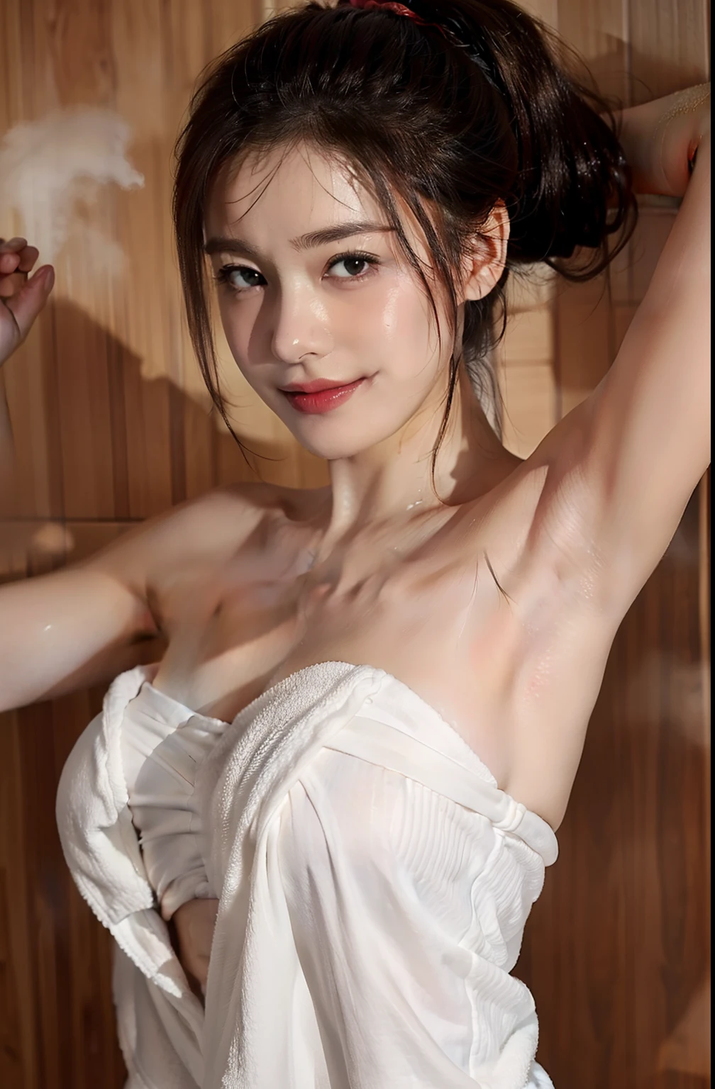 ((Show underarms、armpit pose、Armpit、Raise your hands to show your armpits、is looking at the camera、A smile、Naked strapless bath towel、Steam in the sauna room、Lots of steam、Photograph the whole body、Naked only with a strapless towel、Sweaty glowing skin、Detailed armpit wrinkles、13years、Naked strapless bath towel、Show cleavage、gazing at viewer、A slight smil、Beautiful high-definition skin texture))、(A hyper-realistic), (illustratio), (high-detail), (8K), (high-detail), (The best illustrations), (beatiful detailed eyes), (top-quality), (ultra-detailliert), (Master masterpiece), (wall-paper), (详细的脸),full of sweat,full body closeup,hairarmpits,high-ponytail Hairstyle、red lipsticks、,White Strapless Bath Towel、one girls,Sweaty high ponytail hairstyle ((Brown High Ponytail Hairstyle、steam、sauna、full of sweat))、japanes,
