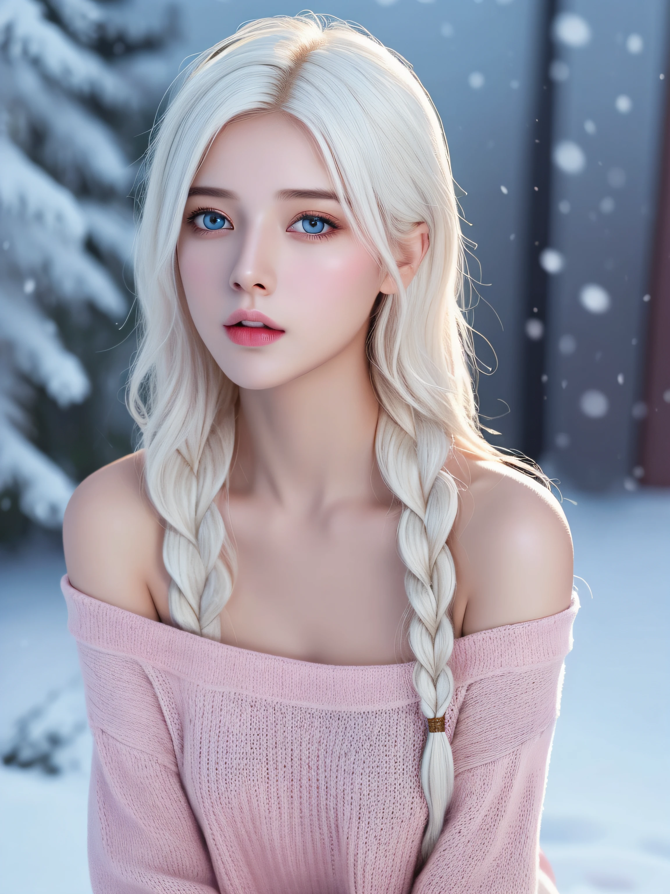 (hyperrealistic), (illustration), (high resolution), (8K), (extremely detailed), (best illustration), (beautiful detailed eyes), (best quality), (ultra-detailed), (masterpiece), (wallpaper), (photorealistic), (natural light), (rim lighting), (detailed face), high detailed realistic skin texture, anatomically correct, solo, 1 girl, (high detailed realistic long hair), (white hair:1.35), (two braided hair), heterochromic eyes, (detailed blue eyes), small moles under the eyes, (realistic big breasts:1.6), exposed breasts, long legs, tight abs, dynamic pose, (closed mouth:1.3), (pink knit sweaters), (bare shoulders), (upon body from head to thighs:1.3), (Beautiful Cute Pakistani Woman:1.55), standing, outdoor, snowing, winter,