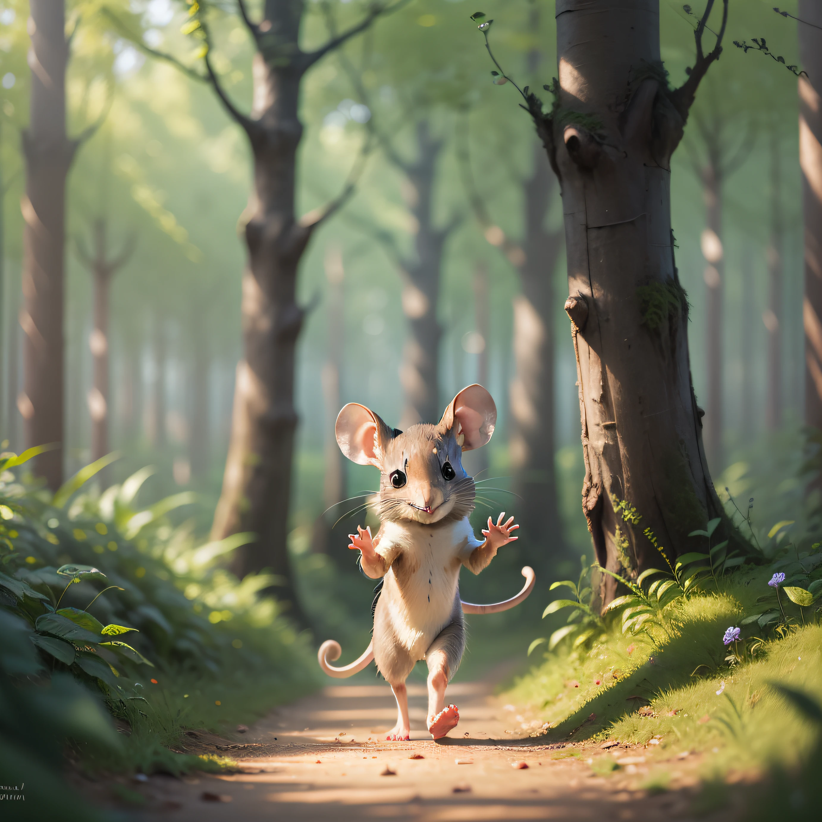 "a little mouse in a forest, smiling and waving back"