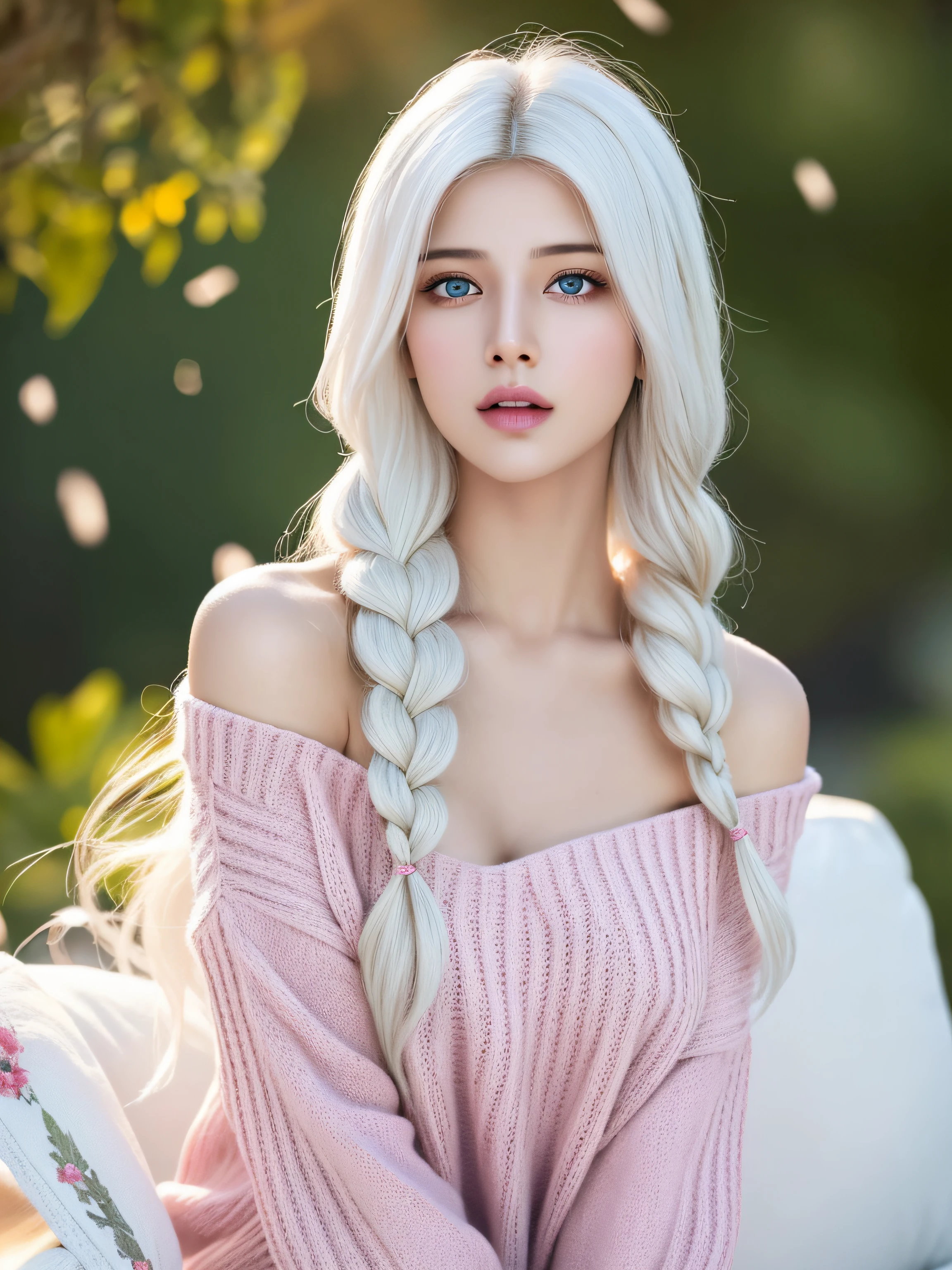 (hyperrealistic), (illustration), (high resolution), (8K), (extremely detailed), (best illustration), (beautiful detailed eyes), (best quality), (ultra-detailed), (masterpiece), (wallpaper), (photorealistic), (natural light), (rim lighting), (detailed face), high detailed realistic skin texture, anatomically correct, solo, 1 girl, (high detailed realistic long hair), (white hair:1.35), (two braided hair), heterochromic eyes, (detailed blue eyes), small moles under the eyes, (realistic big breasts:1.6), exposed breasts, long legs, tight abs, dynamic pose, (closed mouth:1.3), (pink knit sweaters), (bare shoulders), (upon body from head to thighs:1.3), (Beautiful Cute Pakistani Woman:1.55), standing, outdoor, snowing, winter,