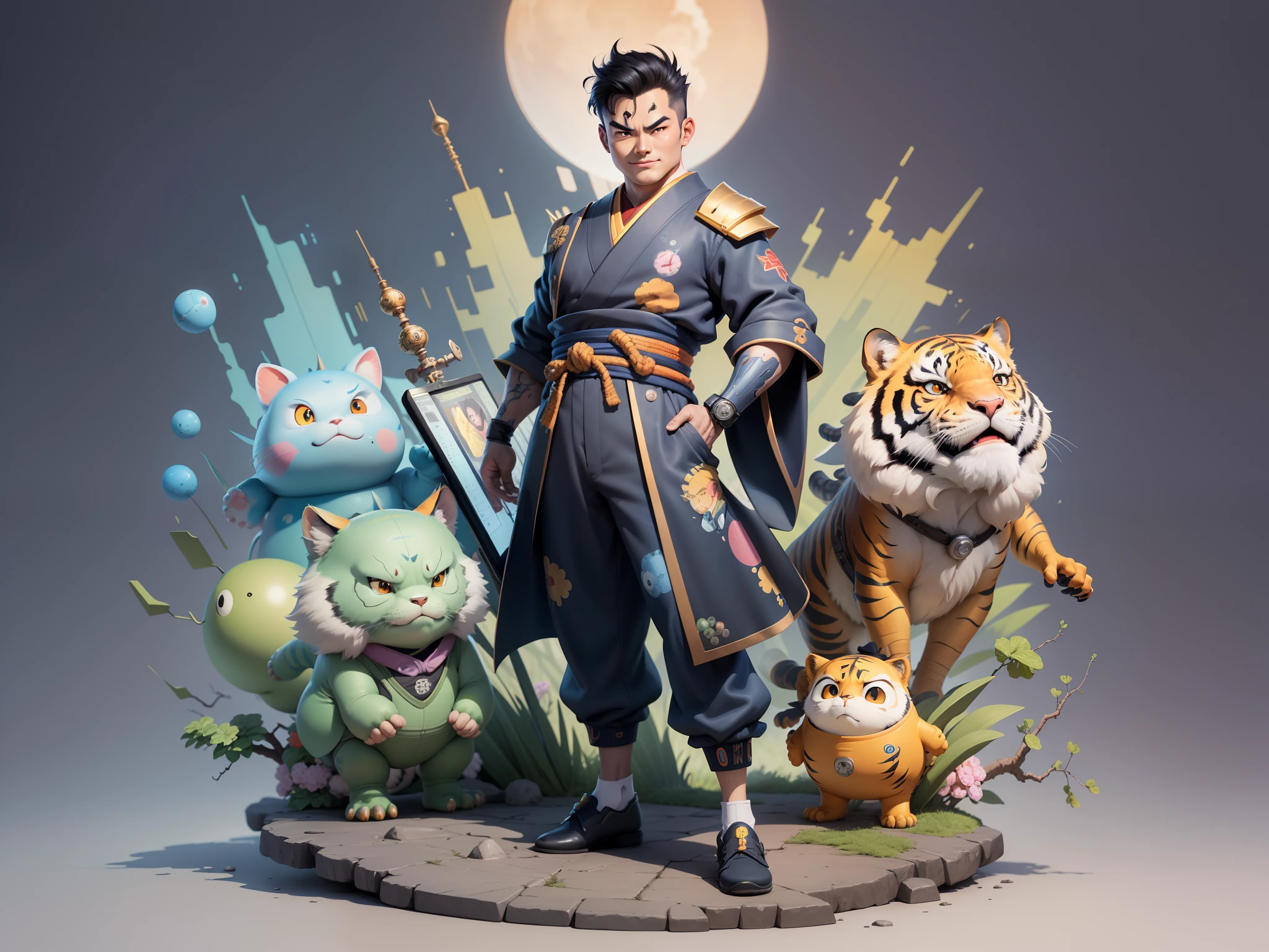 (Masterpiece), (Excellent), (Super Meticulous), (Full Body: 1.2), Super Young Man, Oriental Face, Japanese Kimono, Japanese Wind Thunder God, Dragon, Tiger, TV Anchor, Bust Portrait Illustration, Alone, Black Suit, Blue Tie, Slightly Chubby Face, Very Clean Face, No Beard, Black Super Short Hair, Black Eyes, Confident Smile, 3c Computer Sub-Products, iPad, iPhone, Digital Painting, 3D Character Design by Akira Toriyama and Mark Claireden and Pixar and Hayao Miyazaki, The illustration is a high-definition illustration in 4K resolution with very detailed facial features and cartoon-style visuals.