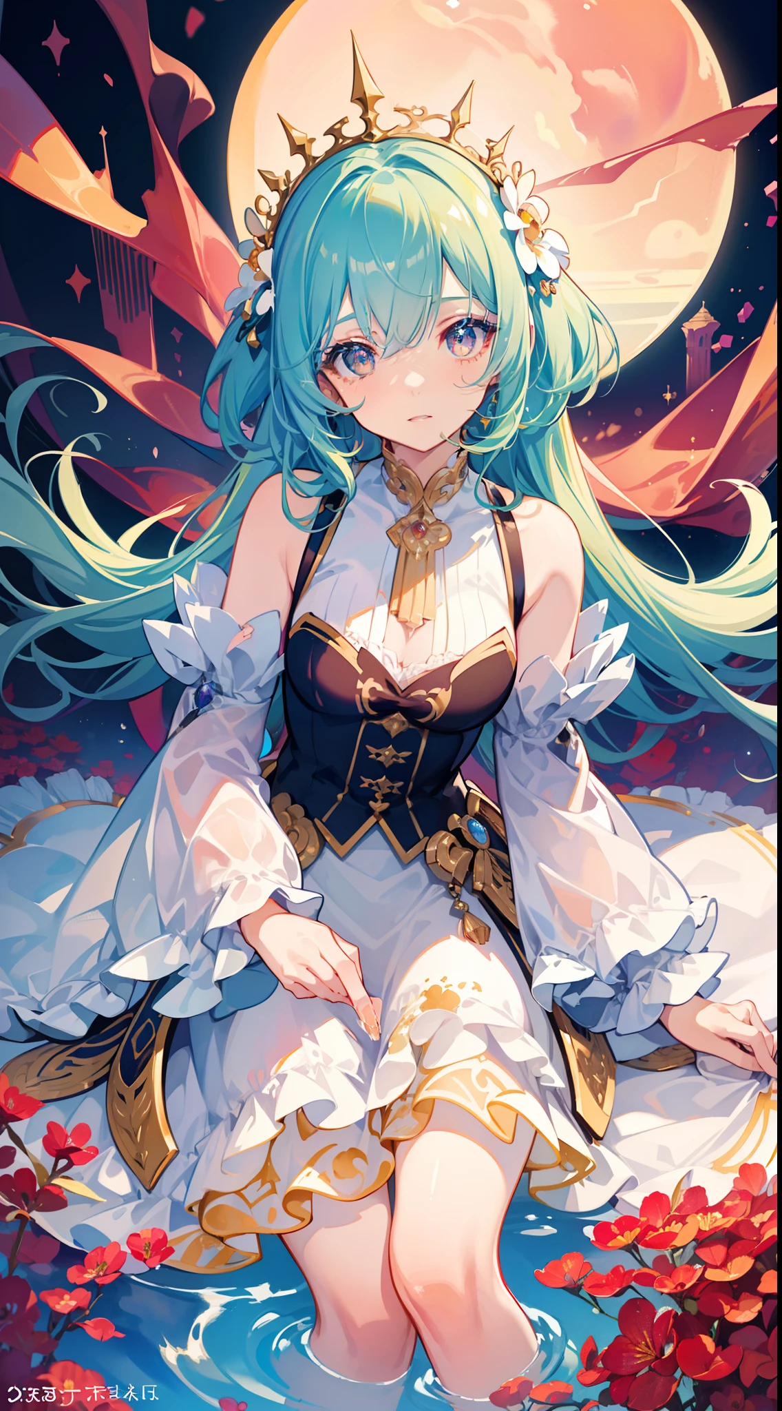 masterpiece, best quality, 8k resolution, sharp focus, intricate detail, beautiful girl, sparkling eyes, golden ratio face, otherworldly liquid, watercolor, sunset colors, bright colors, whimsical, colorful, sharp focus, high resolution, fine detail, ((layered tiered puffy long sleeves ballgown)), ((round eyes)), iridescent bubbles, fantasia background