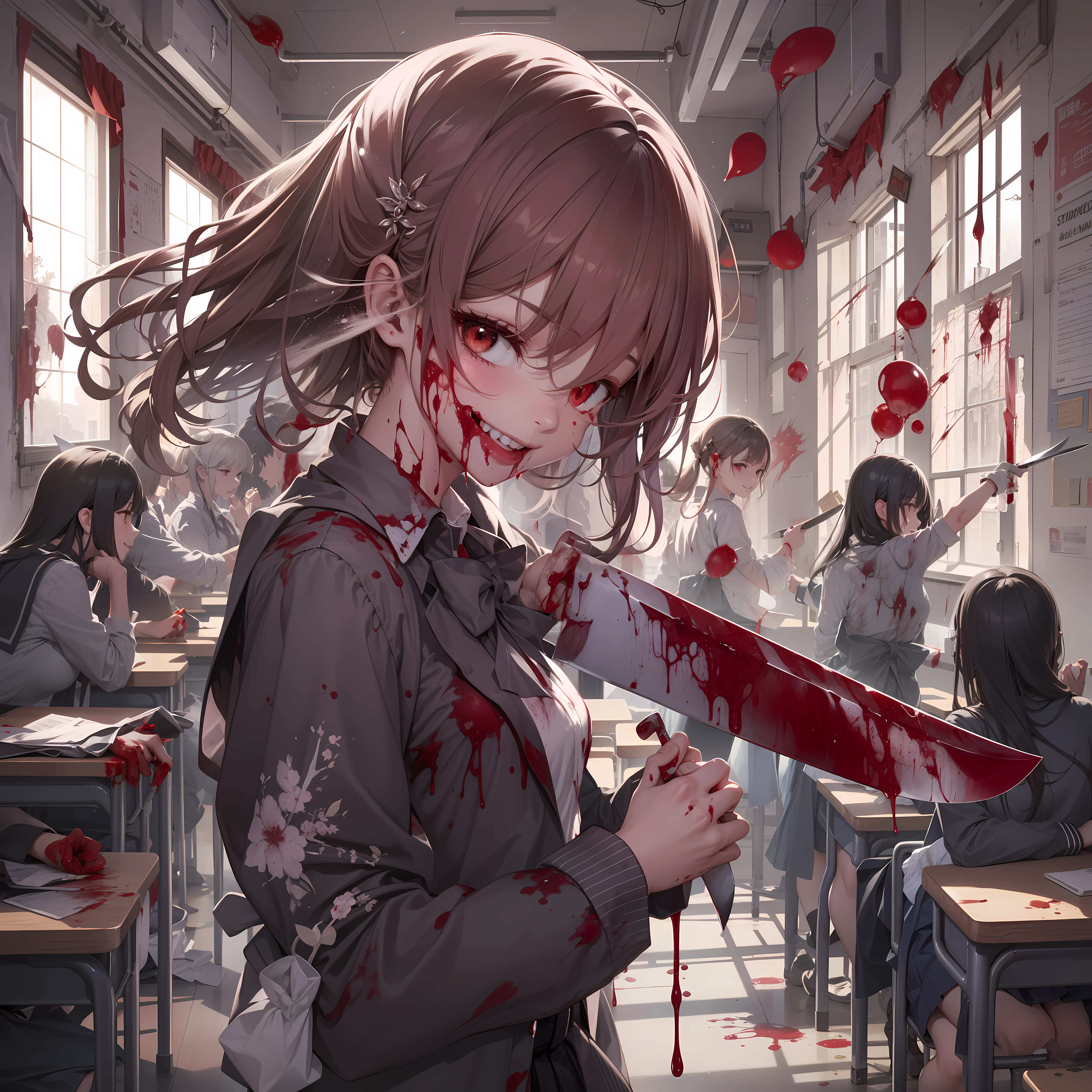 Unpleasant smile of a girl who loves knives in a school classroom、Niccoli holding a knife in one hand、Psychopath horror、Bloody、Blood droplets、Dynamic movement