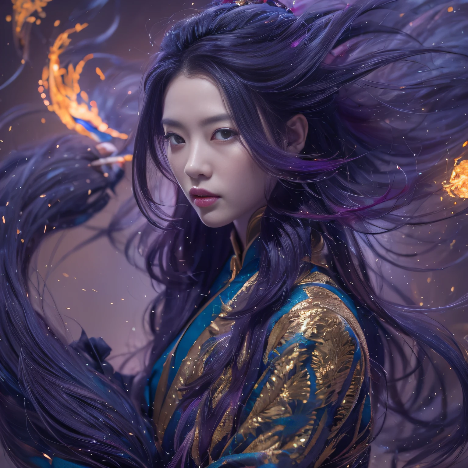32K（tmasterpiece，k hd，hyper HD，32K）Long flowing bright purple hair，Autumn Pond，zydink， a color，  Asian people （Silly girl）， （Silk scarf）， Combat posture， looking at the ground， long whitr hair， Floating bright purple， Fire cloud pattern gold tiara， Chinese long-sleeved gold silk garment， （abstract ink splash：1.2）， smoky background，Lotus protector（realisticlying：1.4），Bright purple hair，Smoke on the road，The background is pure， A high resolution， the detail， RAW photogr， Sharp Re， Nikon D850 Film Stock Photo by Jefferies Lee 4 Kodak Portra 400 Camera F1.6 shots, Rich colors, ultra-realistic vivid textures, Dramatic lighting, Unreal Engine Art Station Trend, cinestir 800，Long flowing bright purple hair