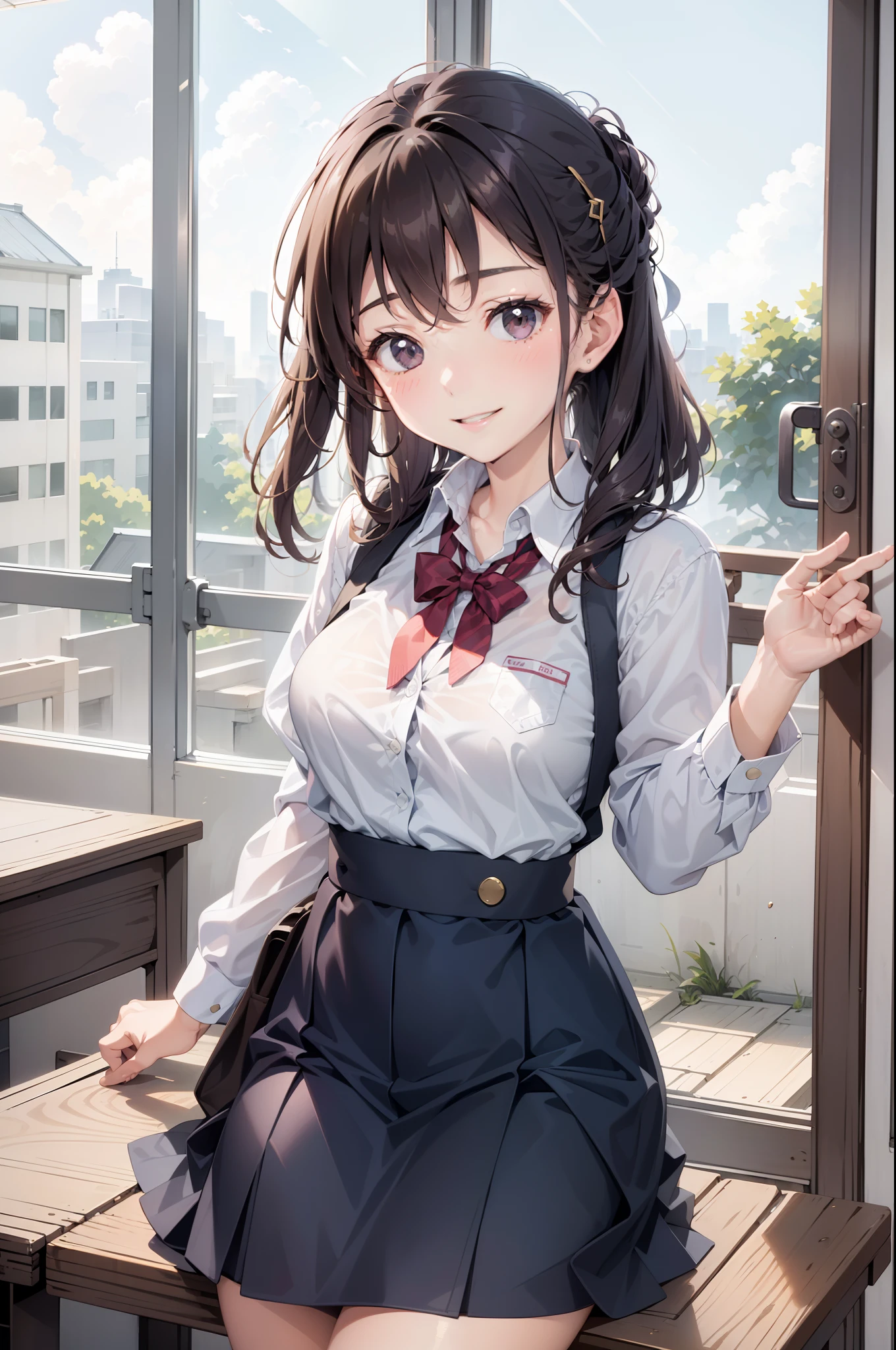 ((Highest quality, High resolution, masterpiece, detailed)),
View your audience, Cowboy Shot, Written boundary depth, Anatomically correct, 1people, female, Perfect Face, Cute and symmetrical face, Shiny skin,
(Medium Hair, Blonde), Chestnut brown eyes, Long eyelashes, (Large Breasts:0.8),
Beautiful details, Beautiful Hair, Beautiful Face, Beautiful clavicle, Beautiful body, Beautiful breasts, Beautiful thighs, Beautiful feet,
(Collared shirt, Navy blue short pleated skirt, Red bow tie, necklace, Sexy Lingerie),
(Beautiful views), evening, walk, Tree-lined street, (Naughty face), Skirt Lift,