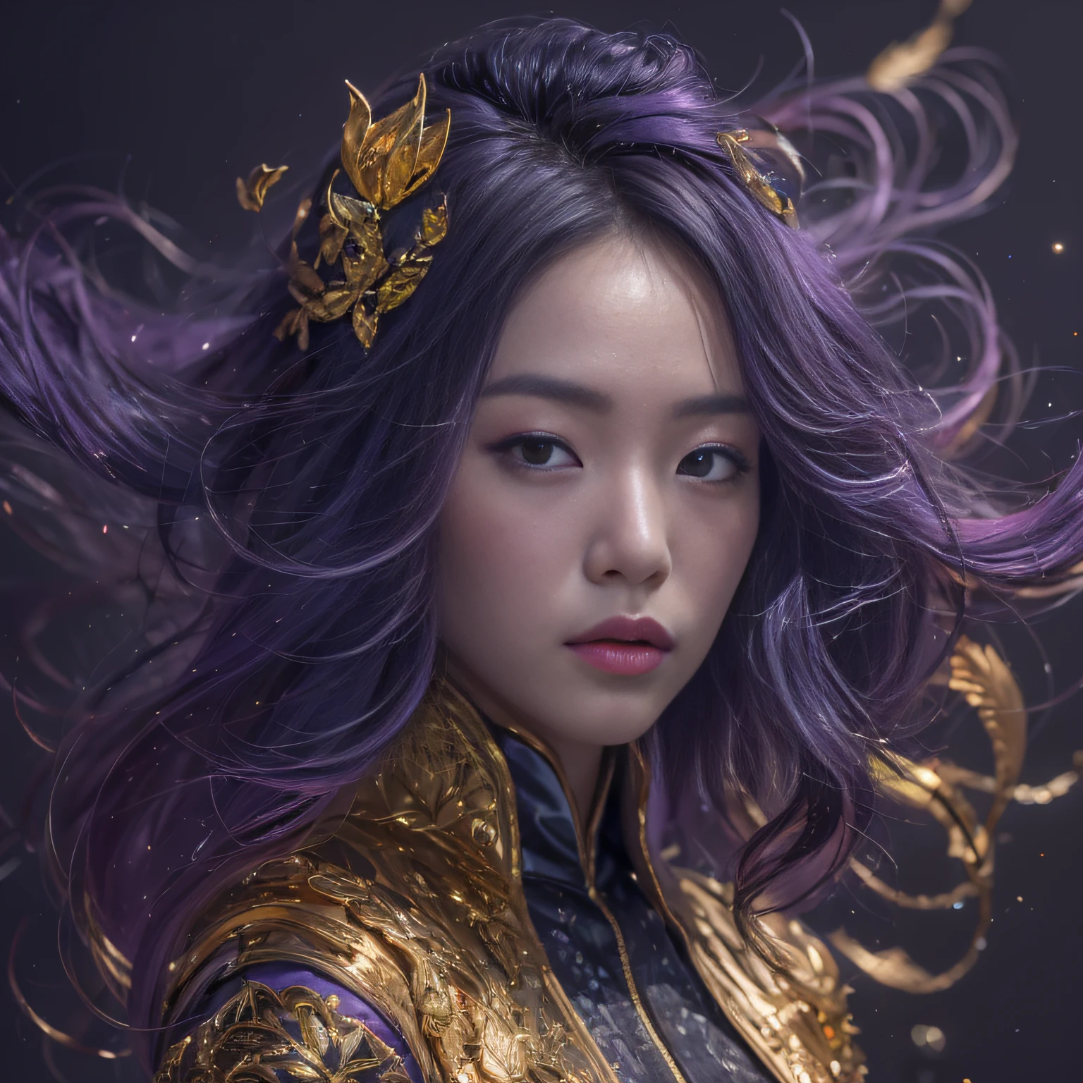 32K（tmasterpiece，k hd，hyper HD，32K）Long flowing bright purple hair，Autumn Pond，zydink， a color，  Asian people （Silly girl）， （Silk scarf）， Combat posture， looking at the ground， long whitr hair， Floating bright purple， Fire cloud pattern gold tiara， Chinese long-sleeved gold silk garment， （abstract ink splash：1.2）， smoky background，Lotus protector（realisticlying：1.4），Bright purple hair，Smoke on the road，The background is pure， A high resolution， the detail， RAW photogr， Sharp Re， Nikon D850 Film Stock Photo by Jefferies Lee 4 Kodak Portra 400 Camera F1.6 shots, Rich colors, ultra-realistic vivid textures, Dramatic lighting, Unreal Engine Art Station Trend, cinestir 800，Long flowing bright purple hair