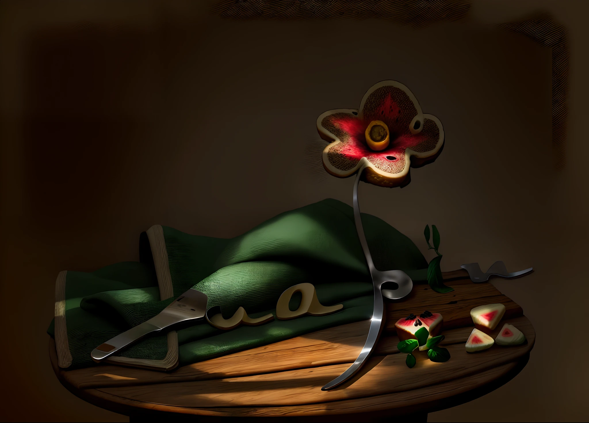 best qualtiy, Masterpiece, coffee mug,breads, Cookie,icecream,an flowers,Slice the watermelon,Sackcloth tabletop,Soft lighting