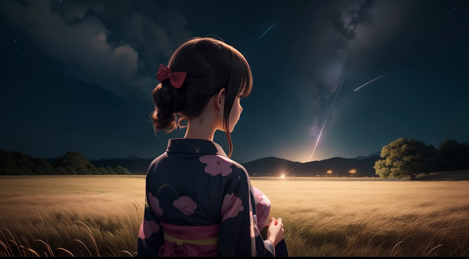 girl in Yukata looking at a comet passingin in a grass field, anime style, dark night sky with stars, far camera view