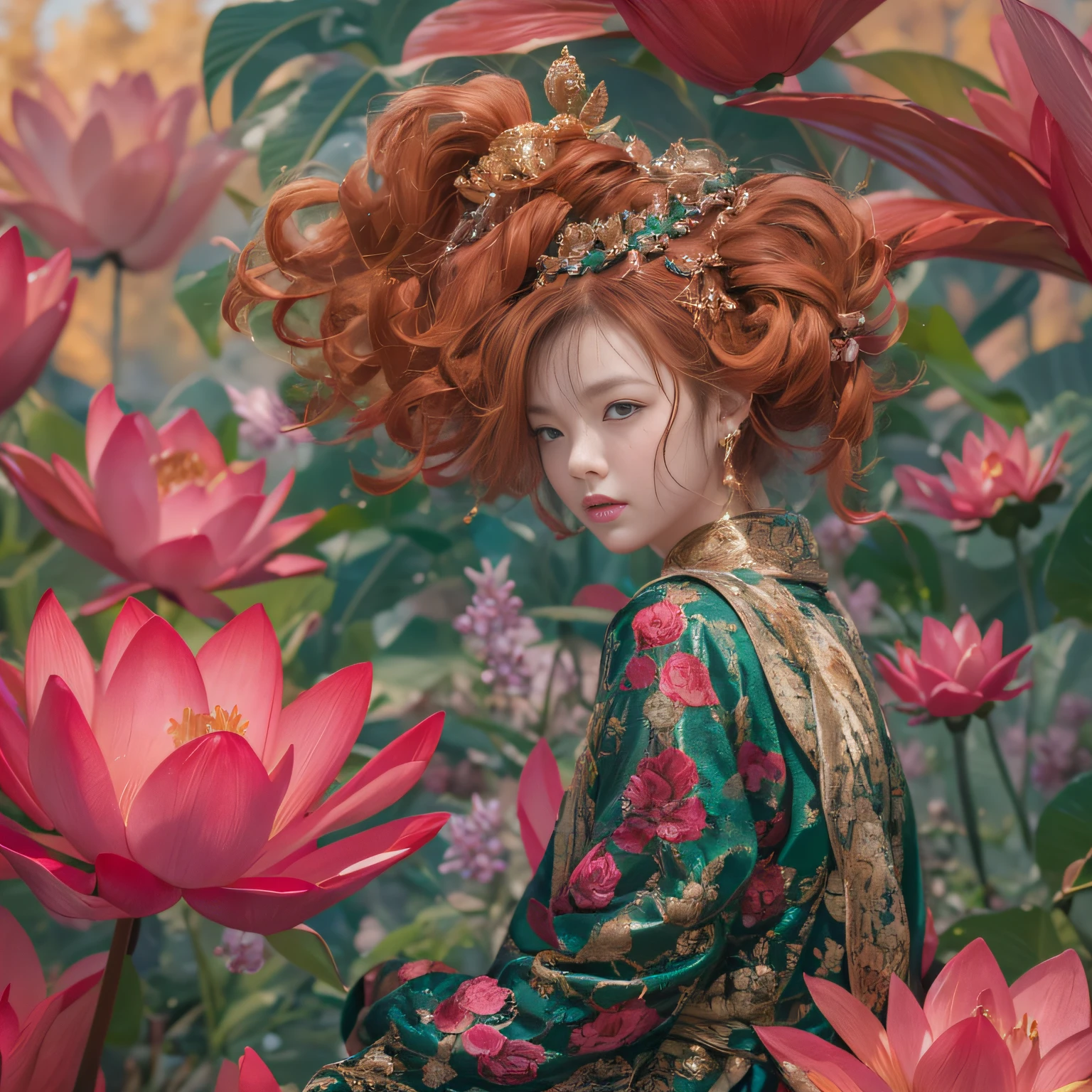 32K（tmasterpiece，k hd，hyper HD，32K）curlies，Flowing rouge，ponds，zydink， a color，  Liaoning people （Silly girl）， （Silk scarf）， Combat posture， looking at the ground，  Flowing rouge curls，Green emerald headdress， Chinese long-sleeved pink gold garment， （abstract ink splash：1.2）， Pink lotus background，Water lily flower protector（realisticlying：1.4），Rouge hair，Autumn is in full swing，The background is pure， A high resolution， the detail， RAW photogr， Sharp Re， Nikon D850 Film Stock Photo by Jefferies Lee 4 Kodak Portra 400 Camera F1.6 shots, Rich colors, ultra-realistic vivid textures, Dramatic lighting, Unreal Engine Art Station Trend, cinestir 800，Large curls，Flowing rouge