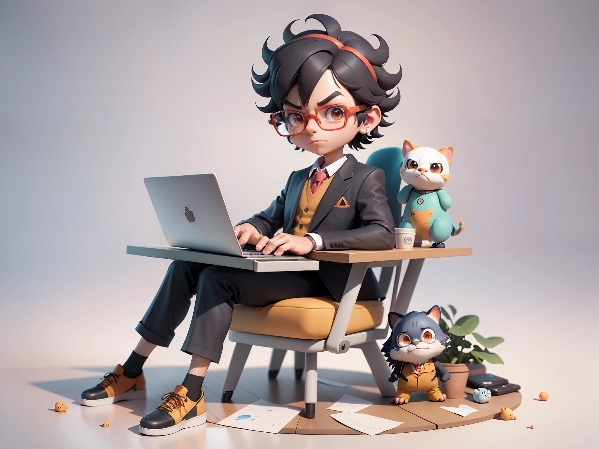 A young man in a suit, Short hair and glasses sat at his desk，holding laptop，digitial painting，tigre，3D character design by Mark Clairen and Pixar and Hayao Miyazaki and Akira Toriyama，4K HD illustration，Very detailed facial features and cartoon-style visuals。