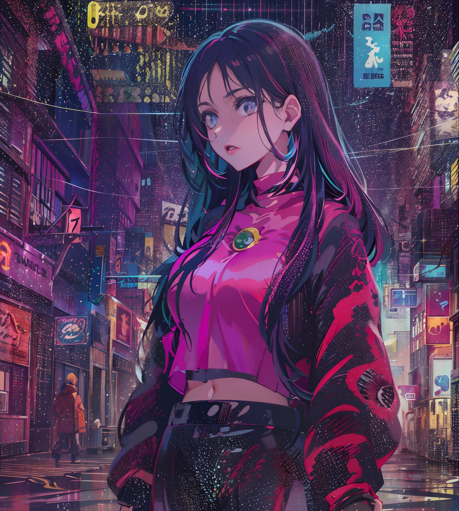 Noite, Fundo colorido da cidade cyberpunk, chuva, Rua , Nanakusa Nazuna, 1menina, seios, recorte de decote, recorte de roupa, crop top, sombra, presas, gradient hair, cabelo grisalho, hair rings, jaqueta, olhando para o espectador, maquiagem, umbigo, boca aberta, sombra vermelha, camisa, shorts, sem mangas, sleeveless turtleneck, manga top de colheita de gola alta, seios pequenos, solo, stomach, gola alta, topo de colheita de gola alta, cabelo de dois tons,olhos vermelhor, olhos brilhantes, Meias pretas, retroiluminado, brilhar, Surveying the audience, Low angle lens, olhando para cima lente, perfect composition, delicadeza perfeita de luz e sombra, 8k,1girl,cabelos longos,somente_Arms,ao ar livre,Nosso,Luz_sorrir