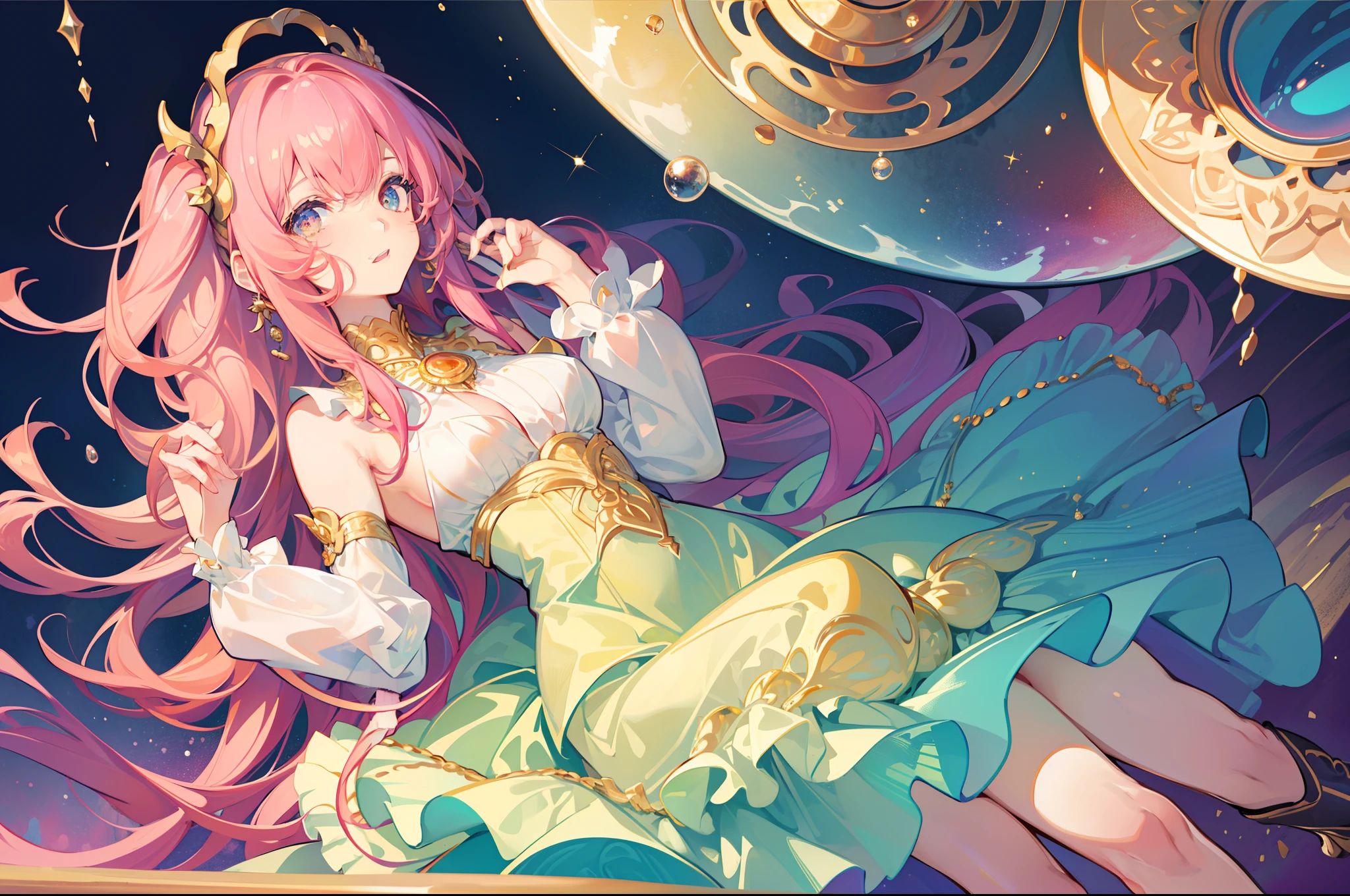 masterpiece, best quality, 8k resolution, sharp focus, intricate detail, beautiful girl, sparkling eyes, golden ratio face, otherworldly liquid, watercolor, sunset colors, bright colors, whimsical, colorful, sharp focus, high resolution, fine detail, ((layered tiered puffy long sleeves ballgown)), ((round eyes)), iridescent bubbles, fantasia background