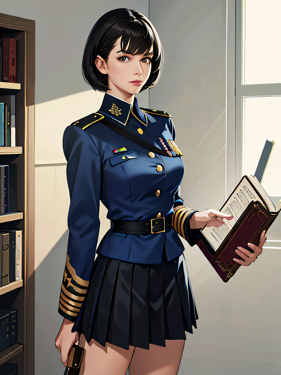 (highest resolution, distinct_image), best quality, masterpiece, highly detailed, semi realistic, a woman with short black hair, mature woman, triple bangs, blue uniform, blue pleated skirt, military uniform, military academy, studying, holding a book
