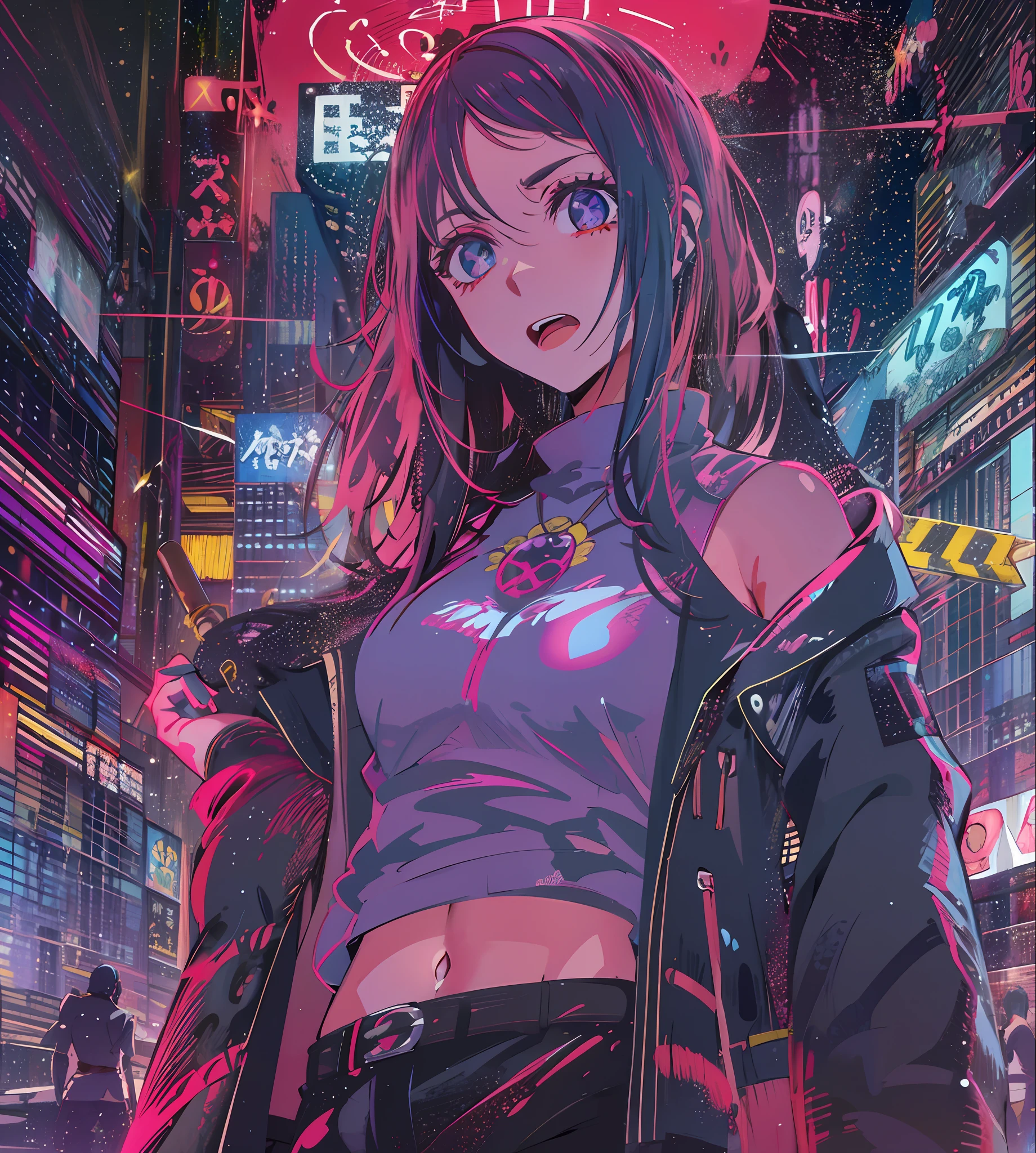 Noite, Fundo colorido da cidade cyberpunk, chuva, Rua , Nanakusa Nazuna, 1menina, seios, recorte de decote, recorte de roupa, crop top, sombra, presas, gradient hair, cabelo grisalho, hair rings, jaqueta, olhando para o espectador, maquiagem, umbigo, boca aberta, sombra vermelha, camisa, shorts, sem mangas, sleeveless turtleneck, manga top de colheita de gola alta, seios pequenos, solo, stomach, gola alta, topo de colheita de gola alta, cabelo de dois tons,olhos vermelhor, olhos brilhantes, Meias pretas, retroiluminado, brilhar, Surveying the audience, Low angle lens, olhando para cima lente, perfect composition, delicadeza perfeita de luz e sombra, 8k,1girl,cabelos longos,somente_Arms,ao ar livre,Nosso,Luz_sorrir