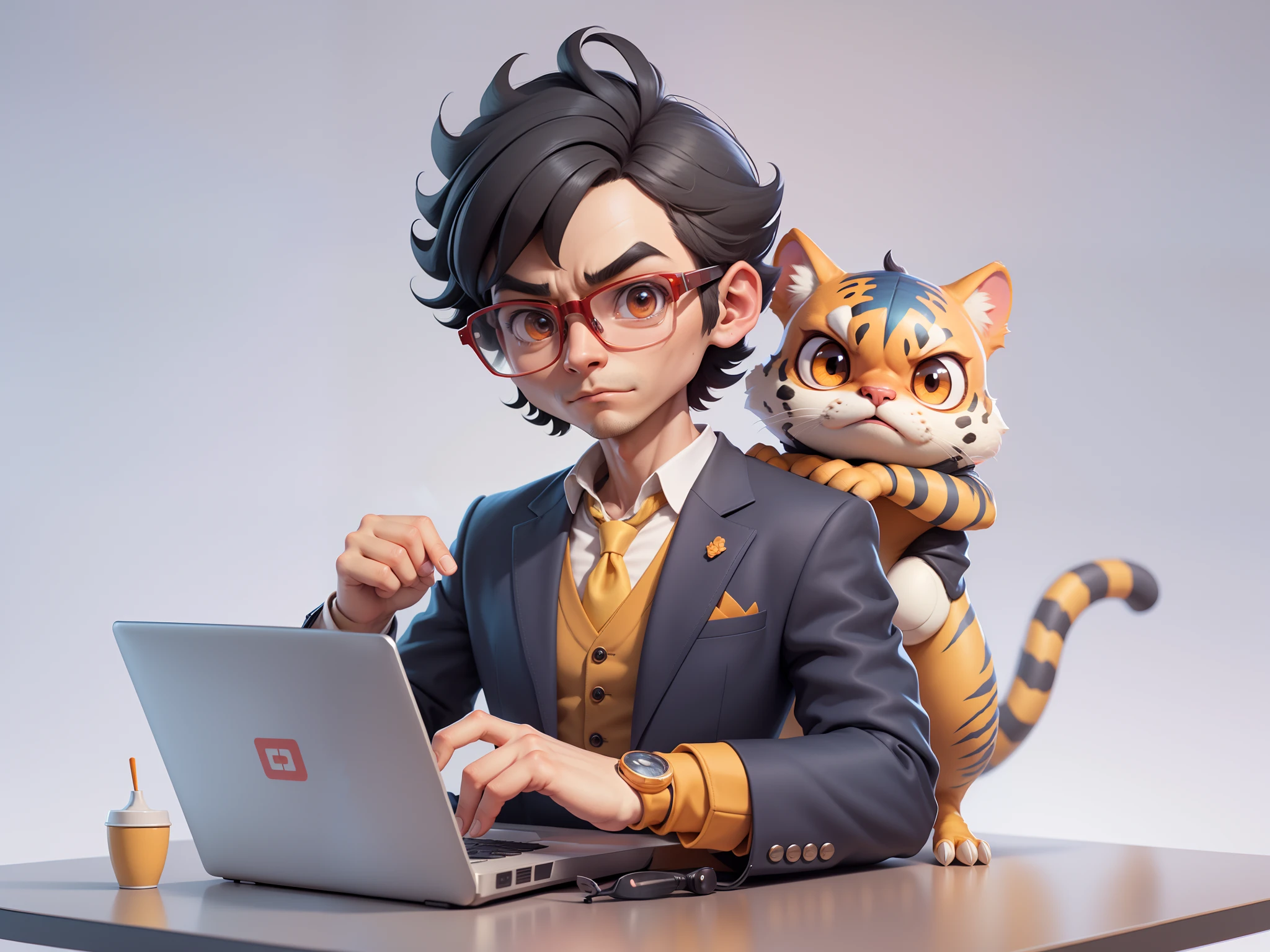 A young man in a suit, Short hair and glasses sat at his desk,holding laptop,digitial painting,tigre,3D character design by Mark Clairen and Pixar and Hayao Miyazaki and Akira Toriyama,4K HD illustration,Very detailed facial features and cartoon-style visuals。