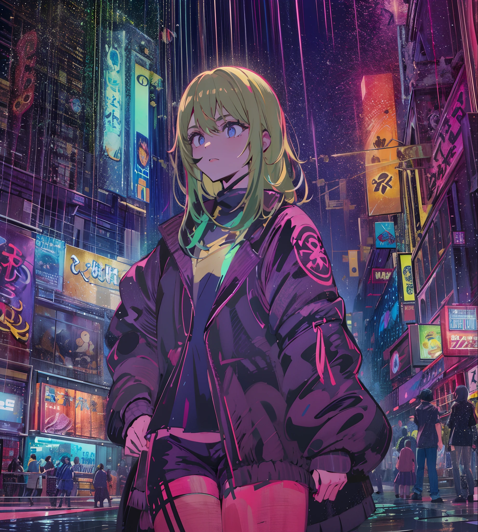 Noite, Fundo colorido da cidade cyberpunk, chuva, Rua , Nanakusa Nazuna, 1******, seios, recorte de decote, recorte de roupa, crop top, sombra, presas, gradient hair, cabelo grisalho, hair rings, jaqueta, olhando para o espectador, maquiagem, umbigo, boca aberta, sombra vermelha, camisa, shorts, sem mangas, sleeveless turtleneck, manga top de colheita de gola alta, seios pequenos, solo, stomach, gola alta, topo de colheita de gola alta, cabelo de dois tons,olhos vermelhor, olhos brilhantes, Meias pretas, retroiluminado, brilhar, Surveying the audience, Low angle lens, olhando para cima lente, perfect composition, delicadeza perfeita de luz e sombra, 8k,1girl,cabelos longos,somente_Arms,ao ar livre,Nosso,Luz_sorrir