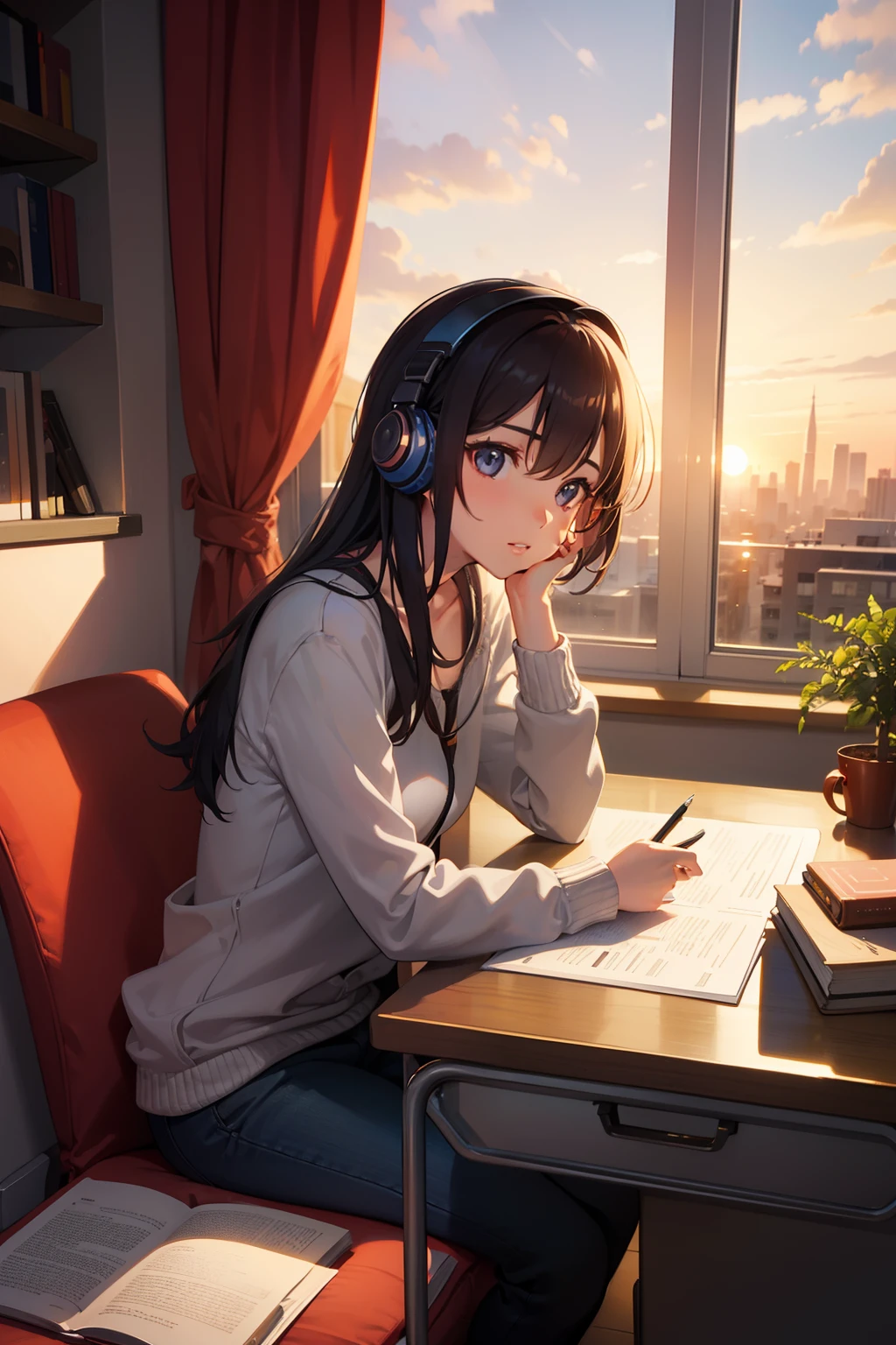 1 girl, sunset, study, book, elegant face, headphones, pencils, desk, bedroom, windows, best shader, best detail, best effects