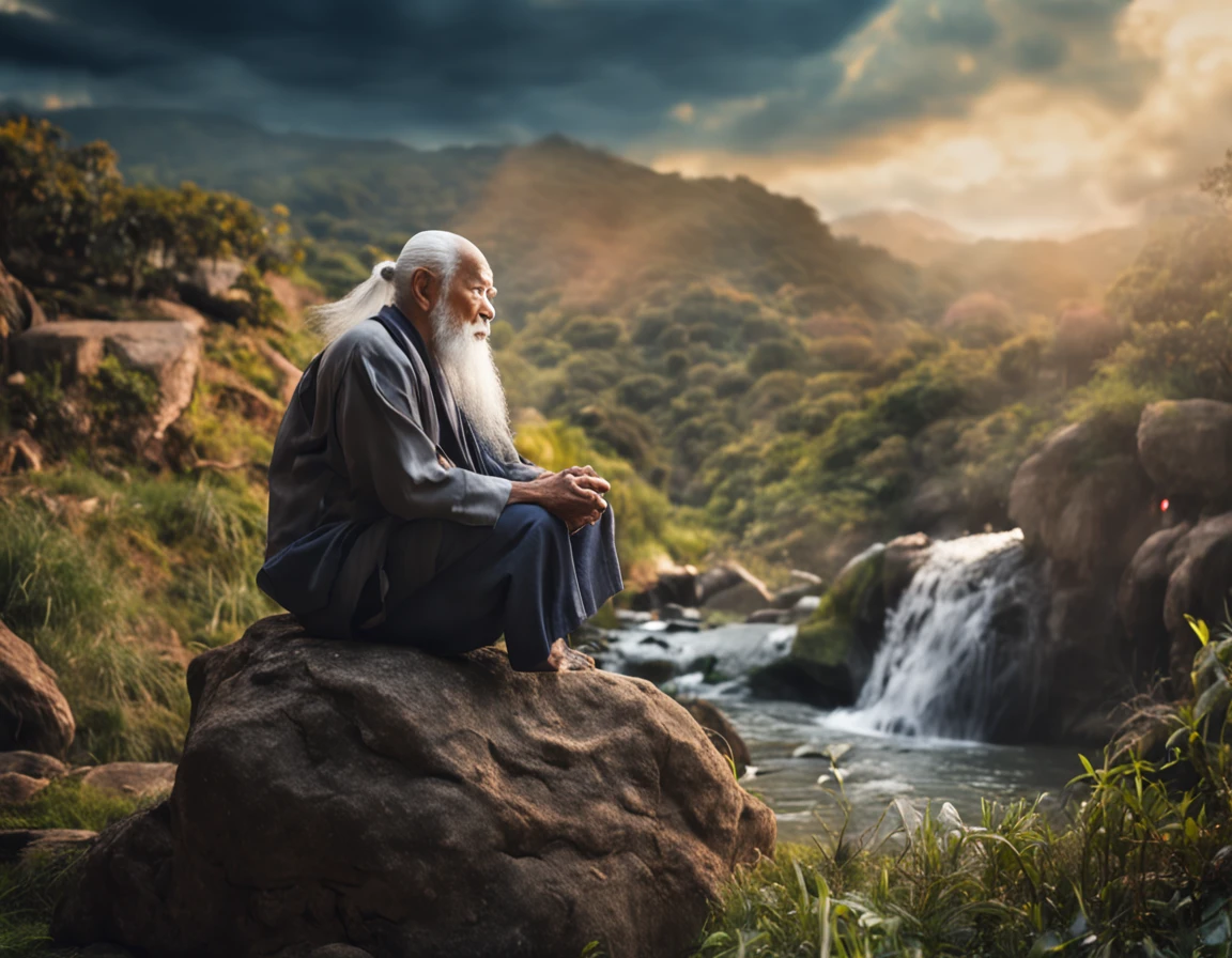 wise old oriental man, sentado em uma pedra com uma cachoeira ao fundo,