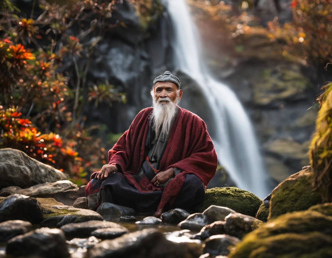 wise old oriental man, sentado em uma pedra com uma cachoeira ao fundo,
