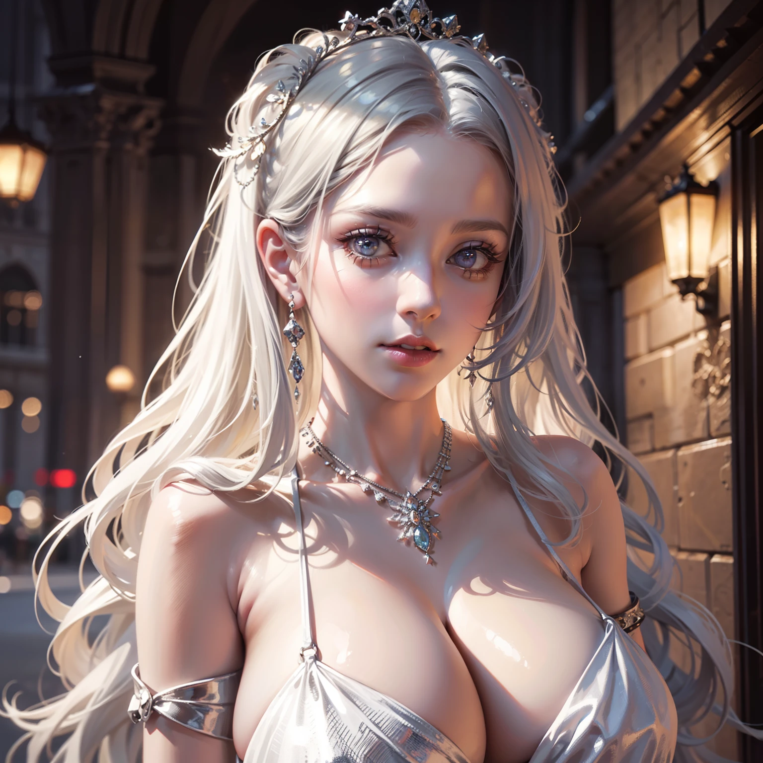 (light make-up)Peerless beauty,long white hair,white dresses,blingbling,Sparkling,dream magical,Gorgeous dress,Authentic texture,Gorgeous background, huge tit, ((cleavage)), ((huge tit)), Gorgeous background, (RAW photo:1.2), (Photorealistic:1.4), Beautiful detailed girl, Very detailed eyes and face, Beautiful detailed eyes, ultra - detailed, Very detailed, Best quality, tmasterpiece