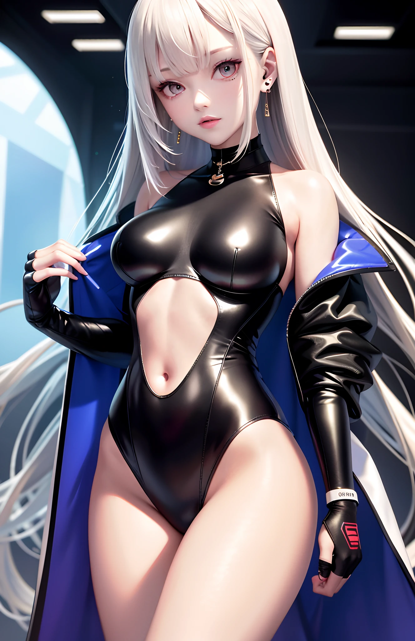 optimum，tmasterpiece，A high resolution，best qualtiy，hyper HD，super detailing，Award-Awarded，16k，独奏，（The upper part of the body），anatomy correct，Beautiful cyberpunk girl，cute  face，，Gradient Beige Hair，Hairline，（（Scarlet eyes）），long eyelasher，Hanging eye corners，White skin of the，（small boobs），（Slim body），（（Double-breasted jacket uniform）），（），ear studs，（neck rings），（Laser material clothing：1.2）