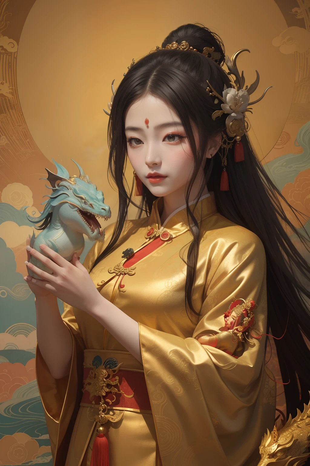 an ancient Chinese goddess, guanyin of the southern seas, Guanyin, Inspired by China, Avalokiteshvara rides a dragon,,Serene expression,shui mo hua,Buddha,Buddhist,Lotus,Chinese painting style,Thangka style