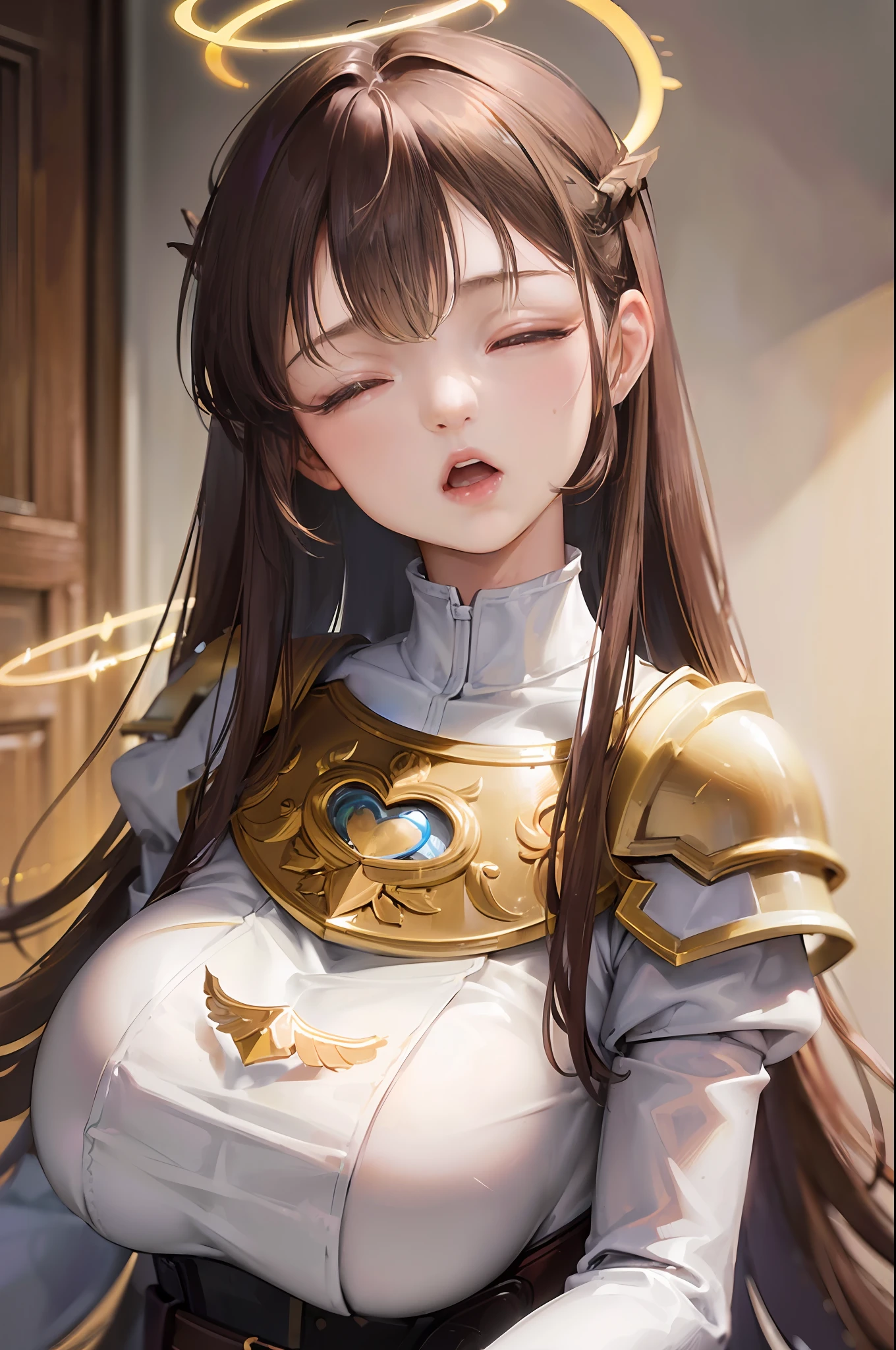 ((brown hair)), ((long hair)),((breastplate)),((8K)), ((masterpiece)), ((wing)),((halo)),((big breast)),(()),((closed eyes:1.3)),((open mouth)),((moaning)),((pain)),((head shot))