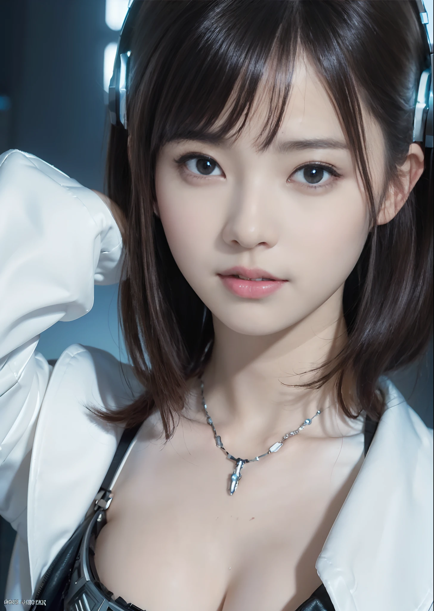NSFW,((top-quality、in 8K、​masterpiece:1.3))Wearing a silvery-white mech，Girl with a delicate face，The highest image quality，ultraclear，Facial features are delicate and clear，Armageddon，machine arms，exquisitedetails，(cammel toe)、Mechanical Pattern,cyberpunked,SF