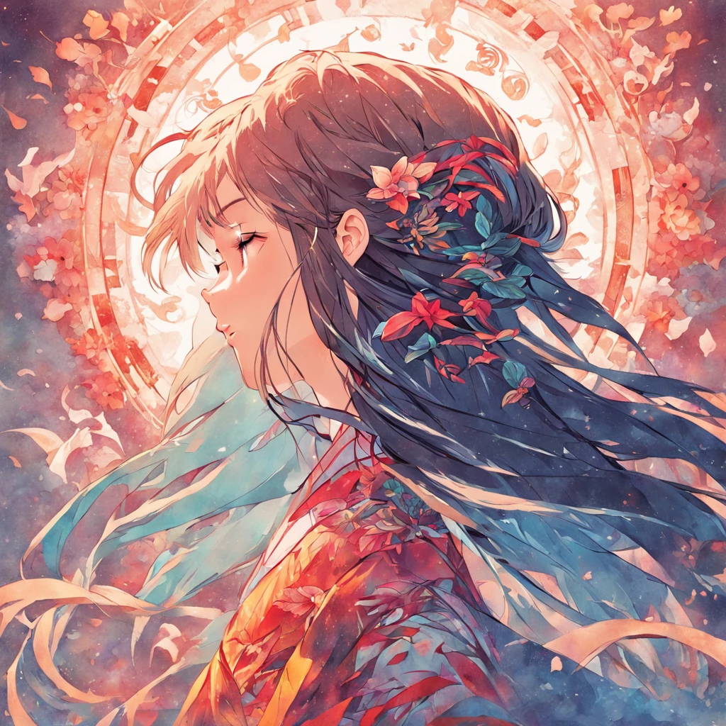 (White background:1.4),(Silhouette of a girl's head, Eyes closed, Colorful long hair, Oriental elements),(Chinese Illustration:1.3,paper art:1.3, Quilted Paper Art:1.2),( Reasonable design, Clear lines, High Sharpness,Best Quality, Very detailed, masutepiece, Movie Light Effects, 4K )