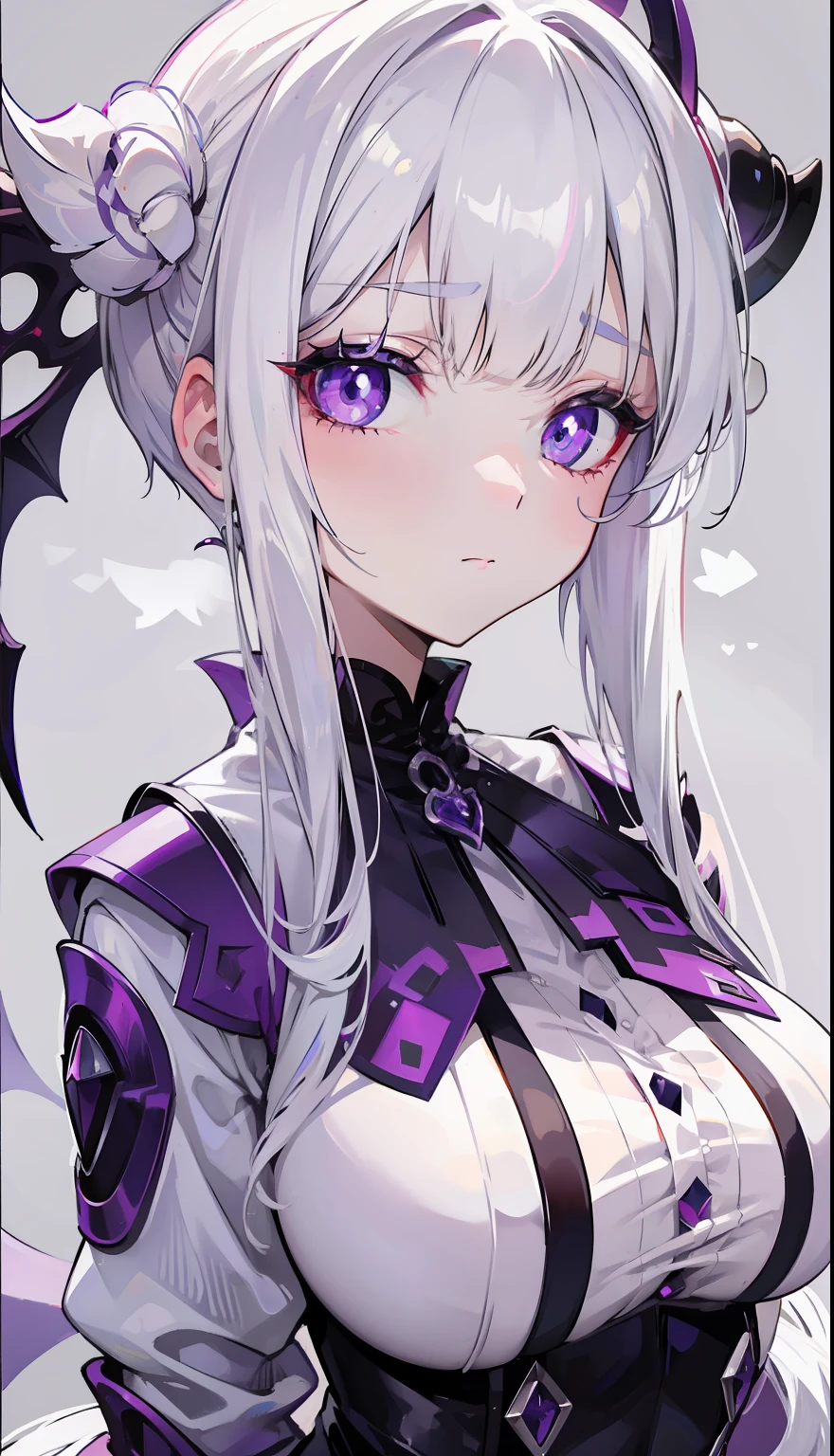Creamy white hair,Deep purple pupils,A cute and seductive succubus girl